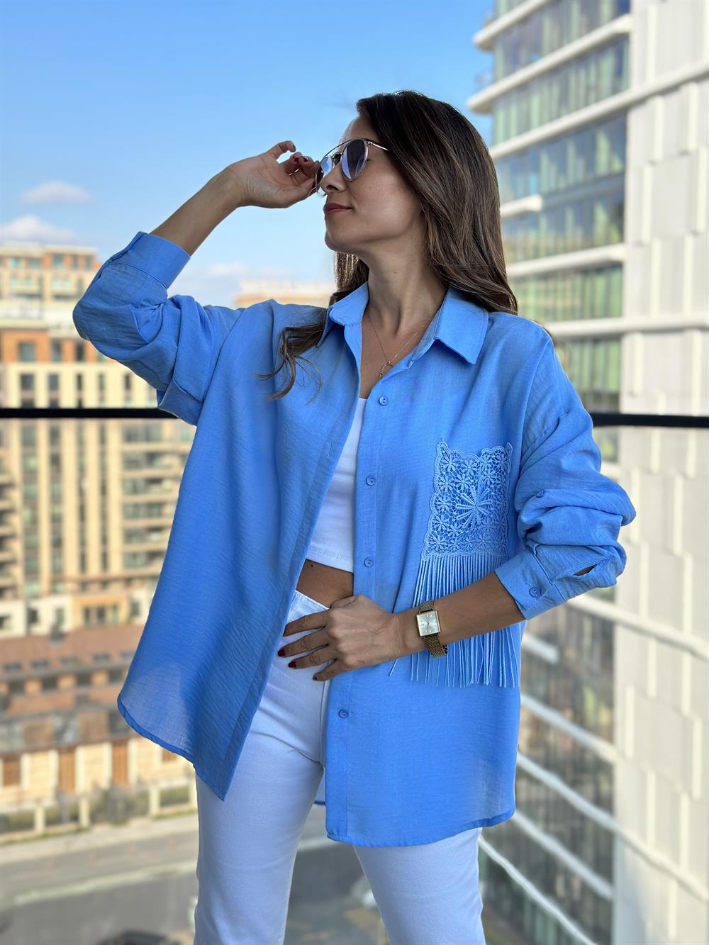 Mavi Cebi Dantel Keten Aerobin Kadın Gömlek