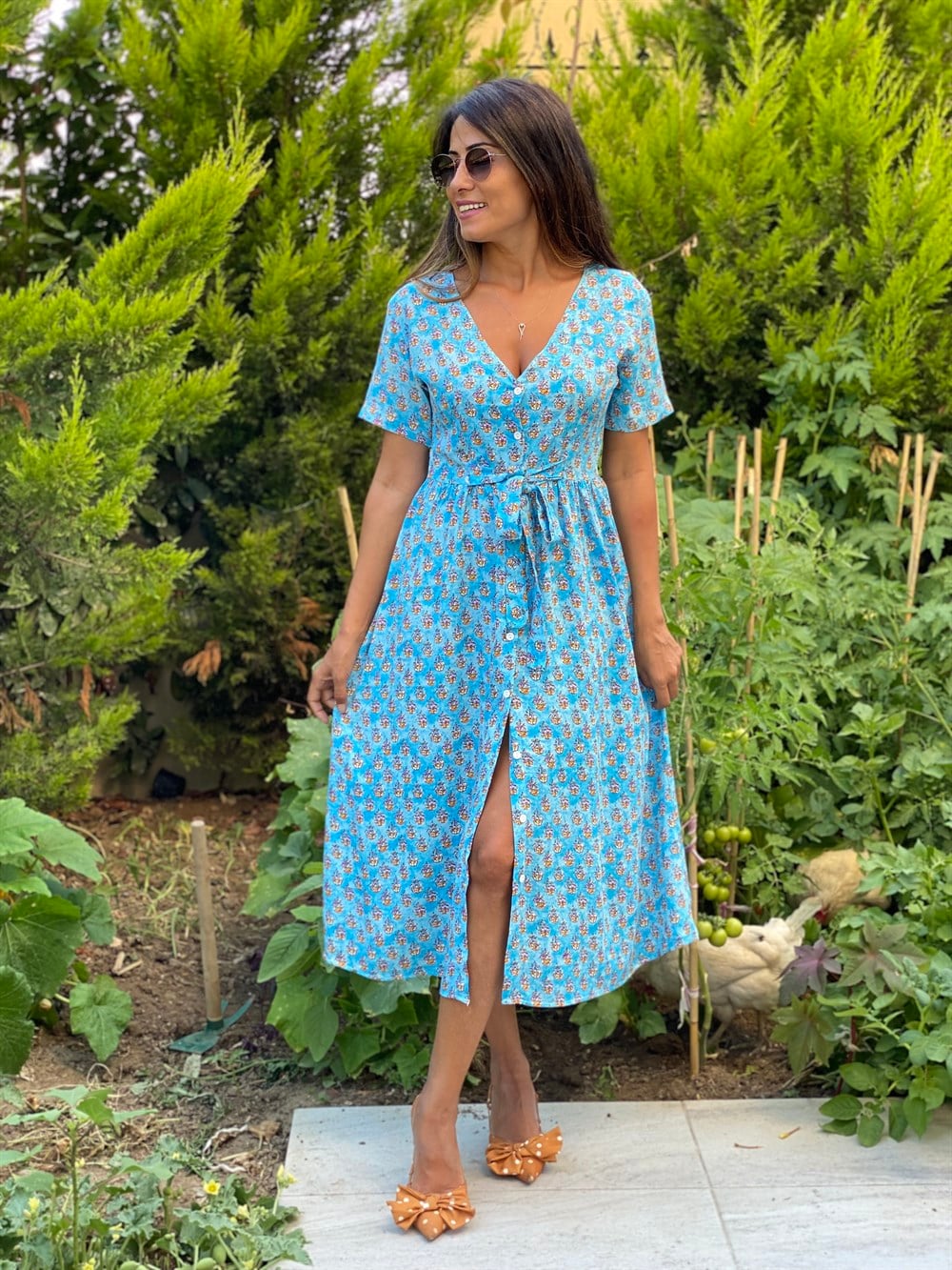 Mavi Çiçek Önü Düğmeli Kuşaklı  Kadın Elbise
