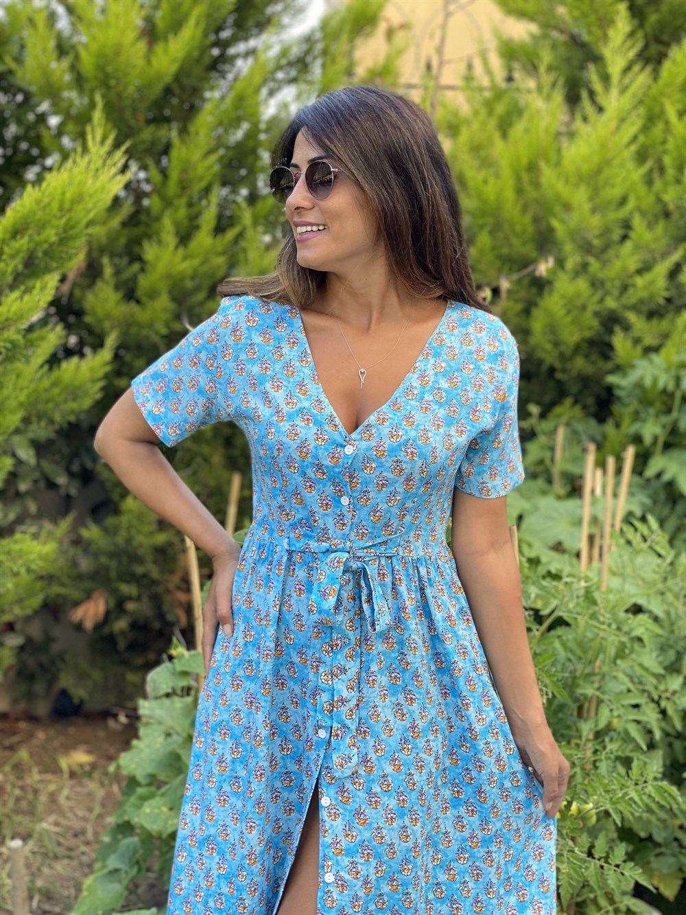 Mavi Çiçek Önü Düğmeli Kuşaklı  Kadın Elbise