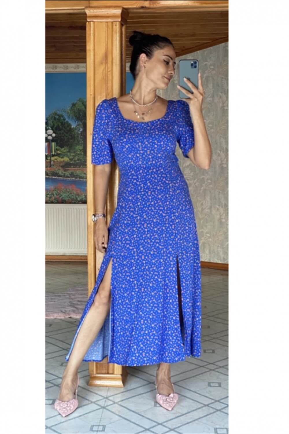 Mavi Çift Yırtmaç  Çıtır Elbise