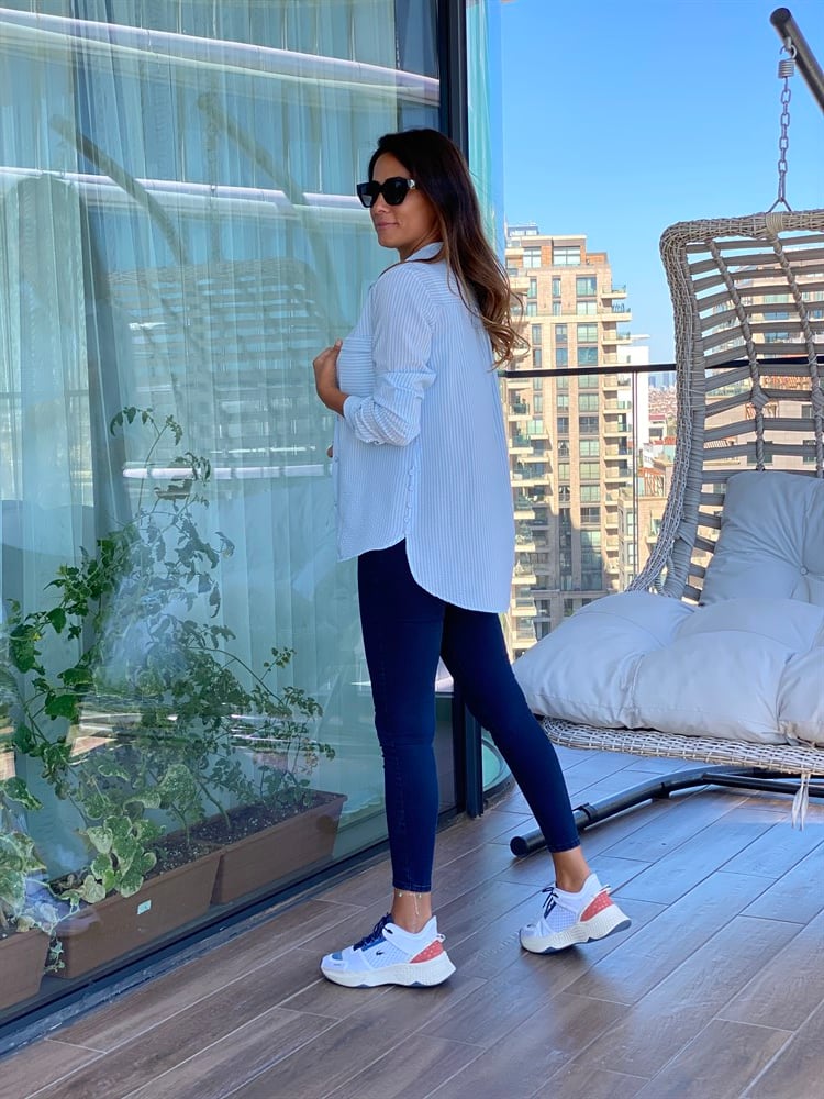 Bebe Mavi Çizgili Gofre Kadın Gömlek