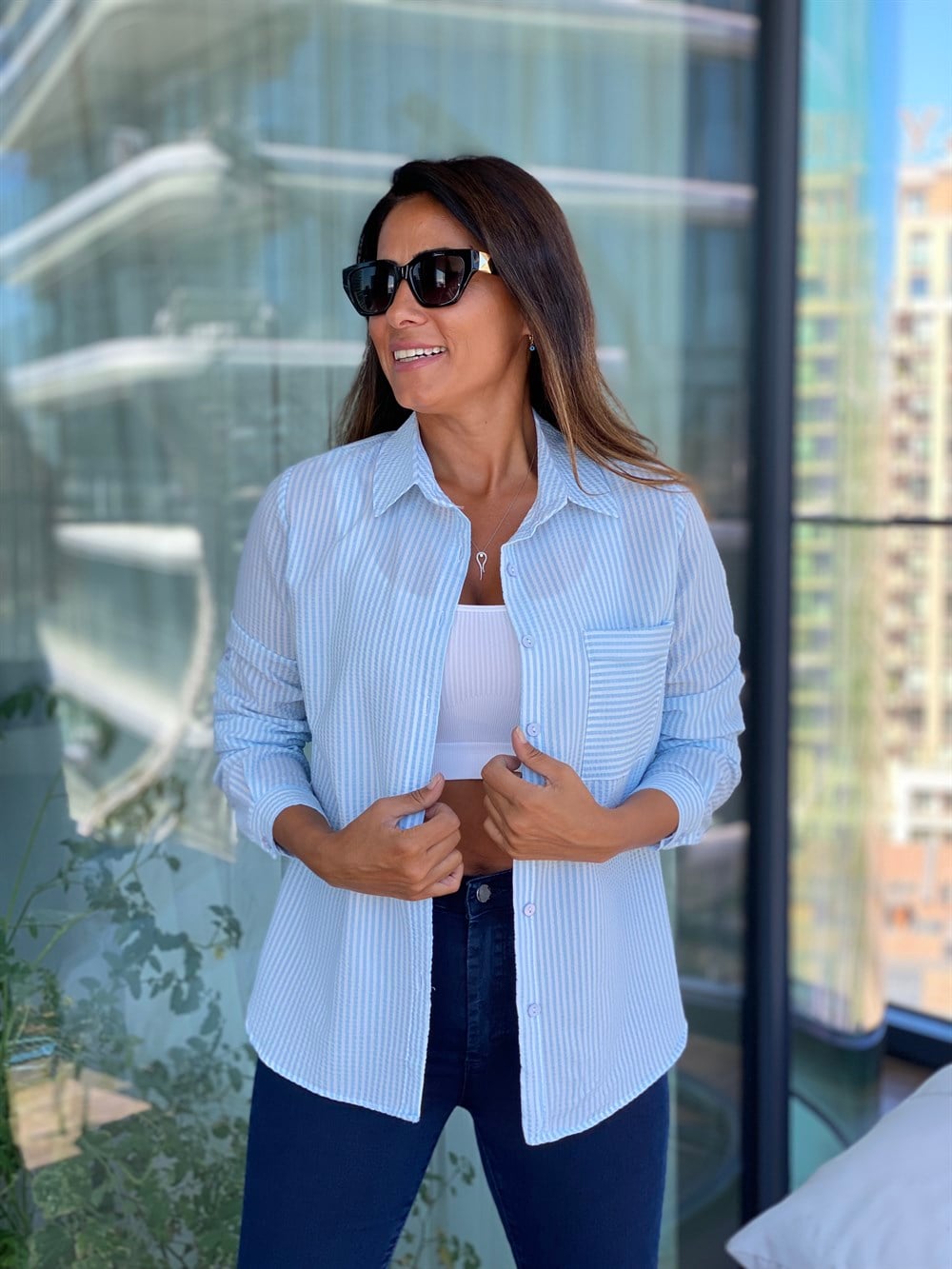 Bebe Mavi Çizgili Gofre Kadın Gömlek