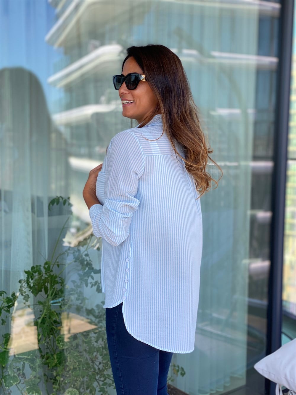 Bebe Mavi Çizgili Gofre Kadın Gömlek