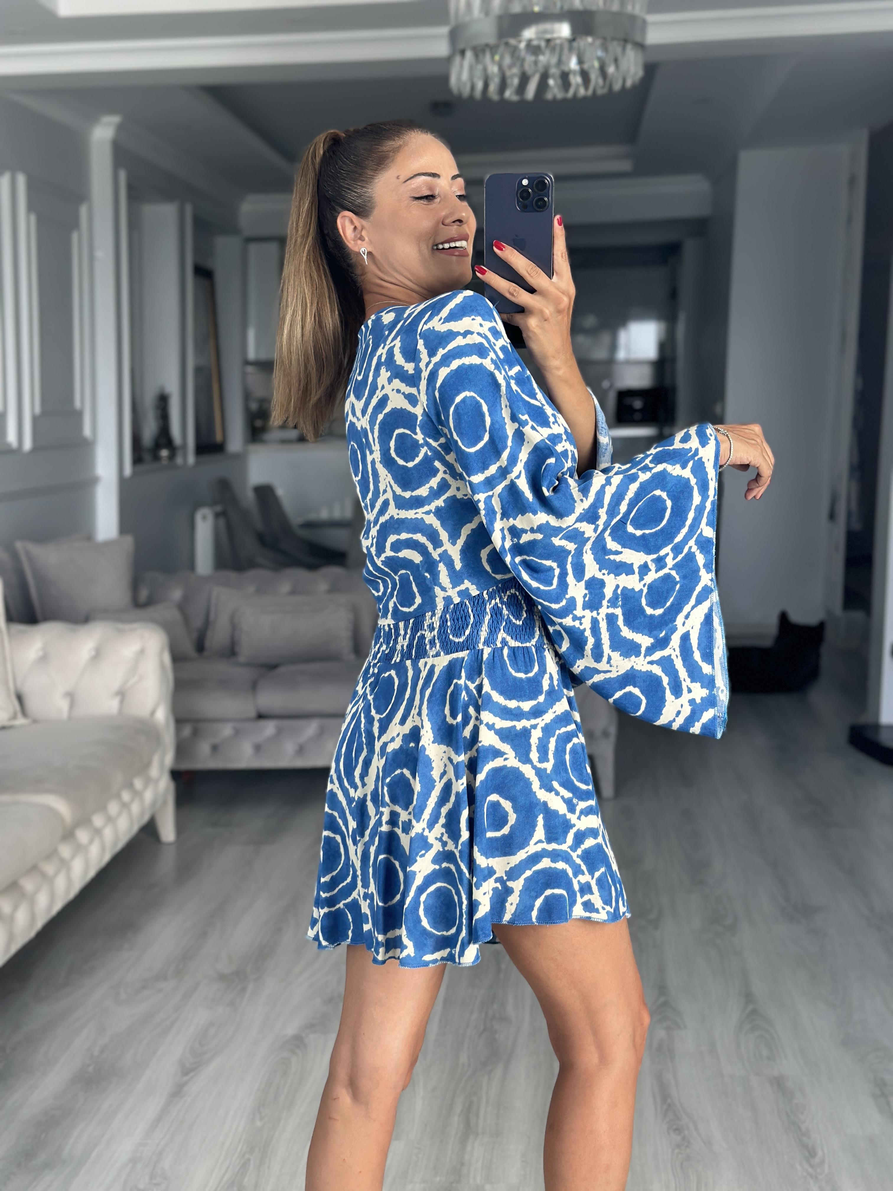 Mavi Desenli Bağlamalı Bluz Beli Gipeli Şort Kadın Alt Üst Takım