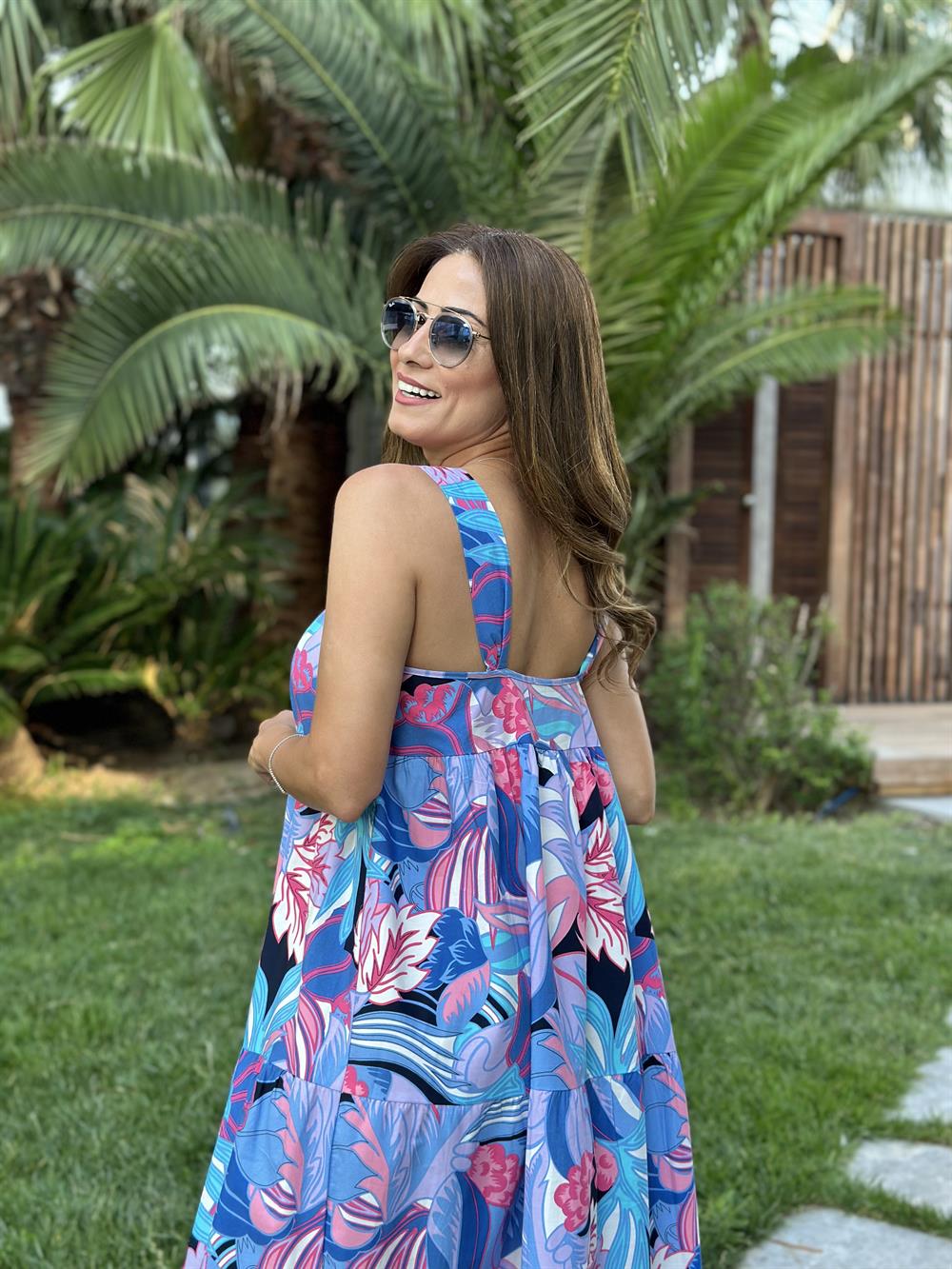 Mavi Desenli Kalın Askılı Maksi Boy Kadın Elbise