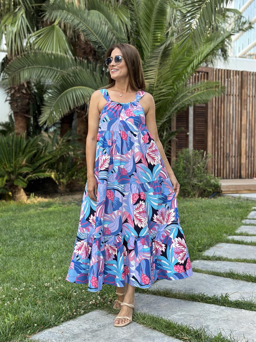 Mavi Desenli Kalın Askılı Maksi Boy Kadın Elbise