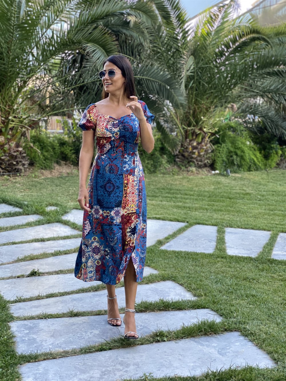 Mavi Desenli Önü Büzgülü Midiboy Kadın Elbise