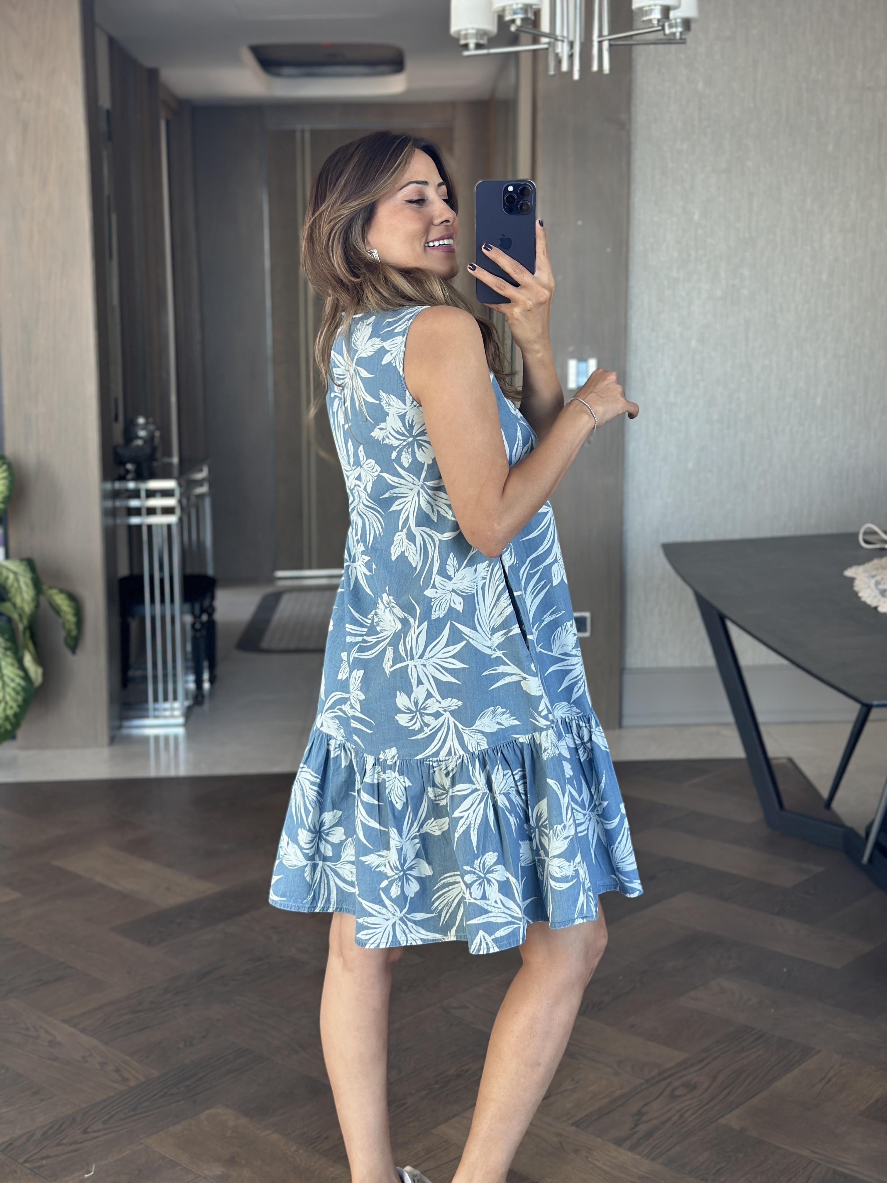 Mavi Desenli Tnsl Denim Sıfır Kol Kadın Çan Elbise