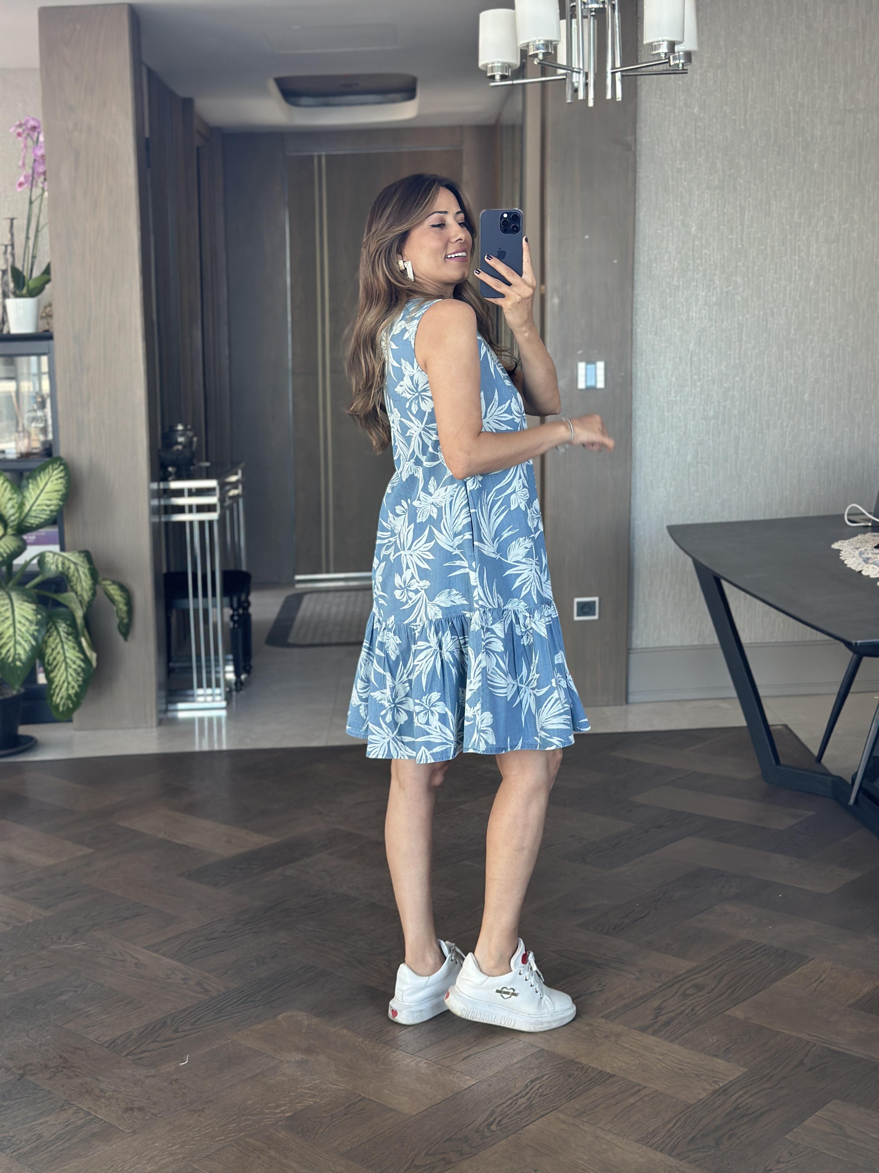 Mavi Desenli Tnsl Denim Sıfır Kol Kadın Çan Elbise