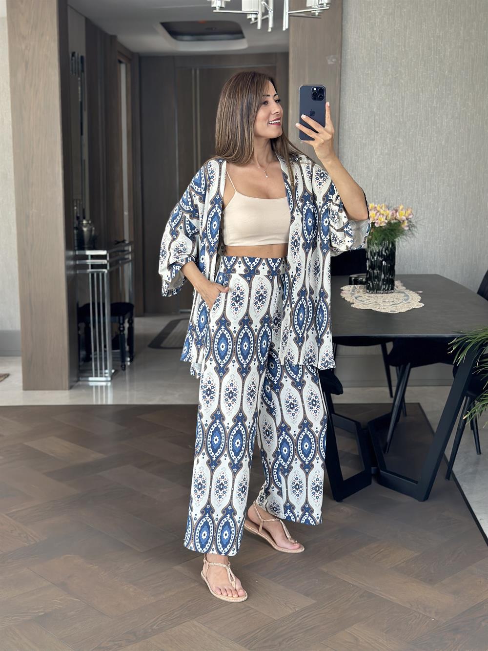 Mavi Etnik Desen Kimono Pantolon Kadın İkili Takım