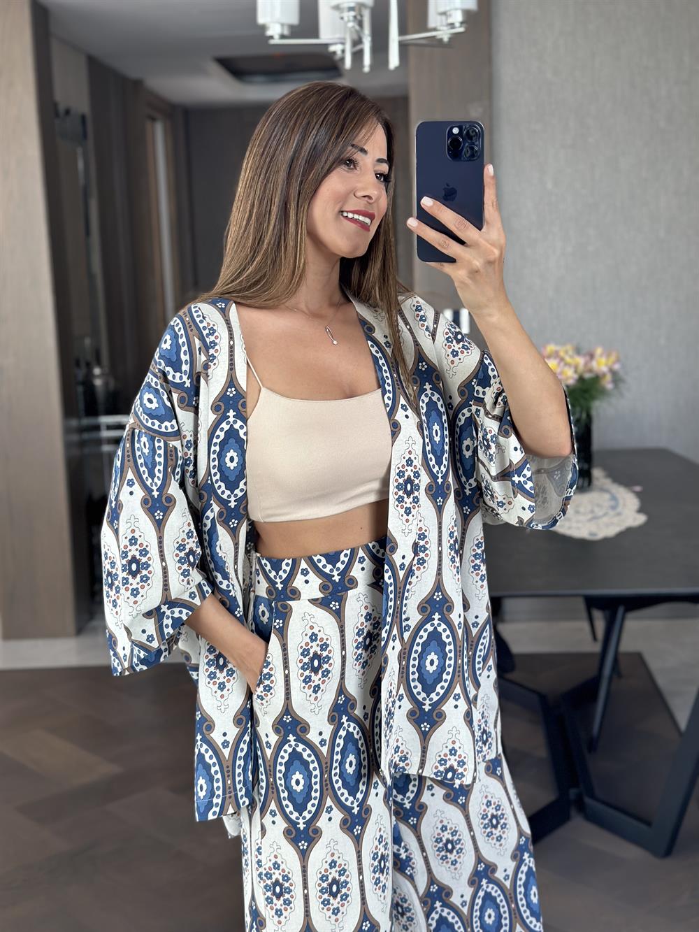 Mavi Etnik Desen Kimono Pantolon Kadın İkili Takım