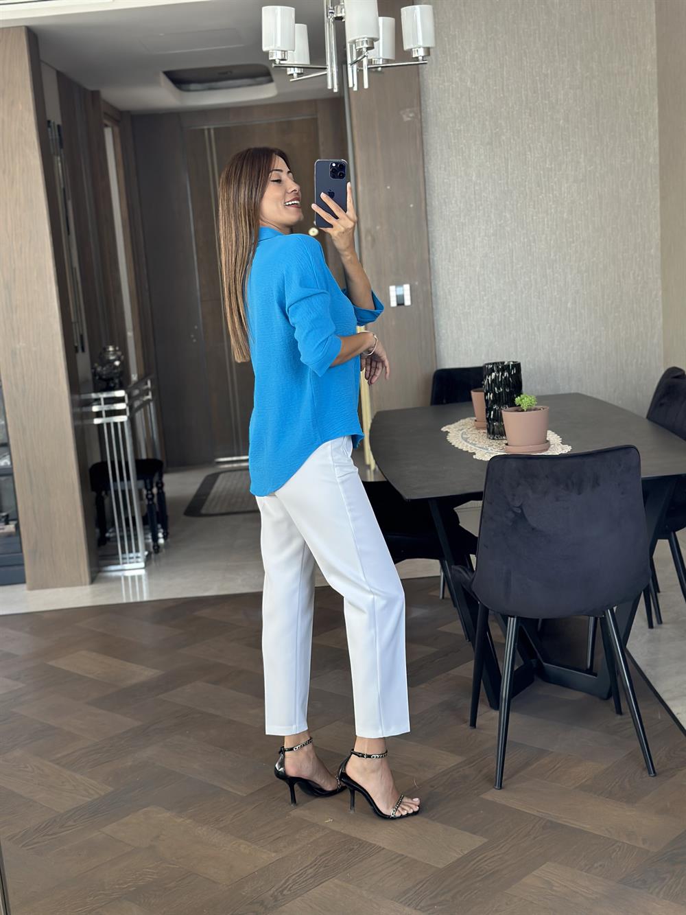 Mavi Gömlek Yaka Yarasa Kol Aerobin Kadın Bluz