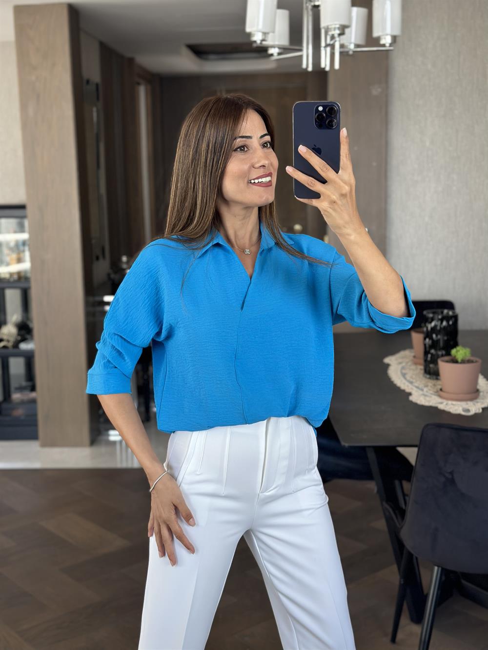 Mavi Gömlek Yaka Yarasa Kol Aerobin Kadın Bluz