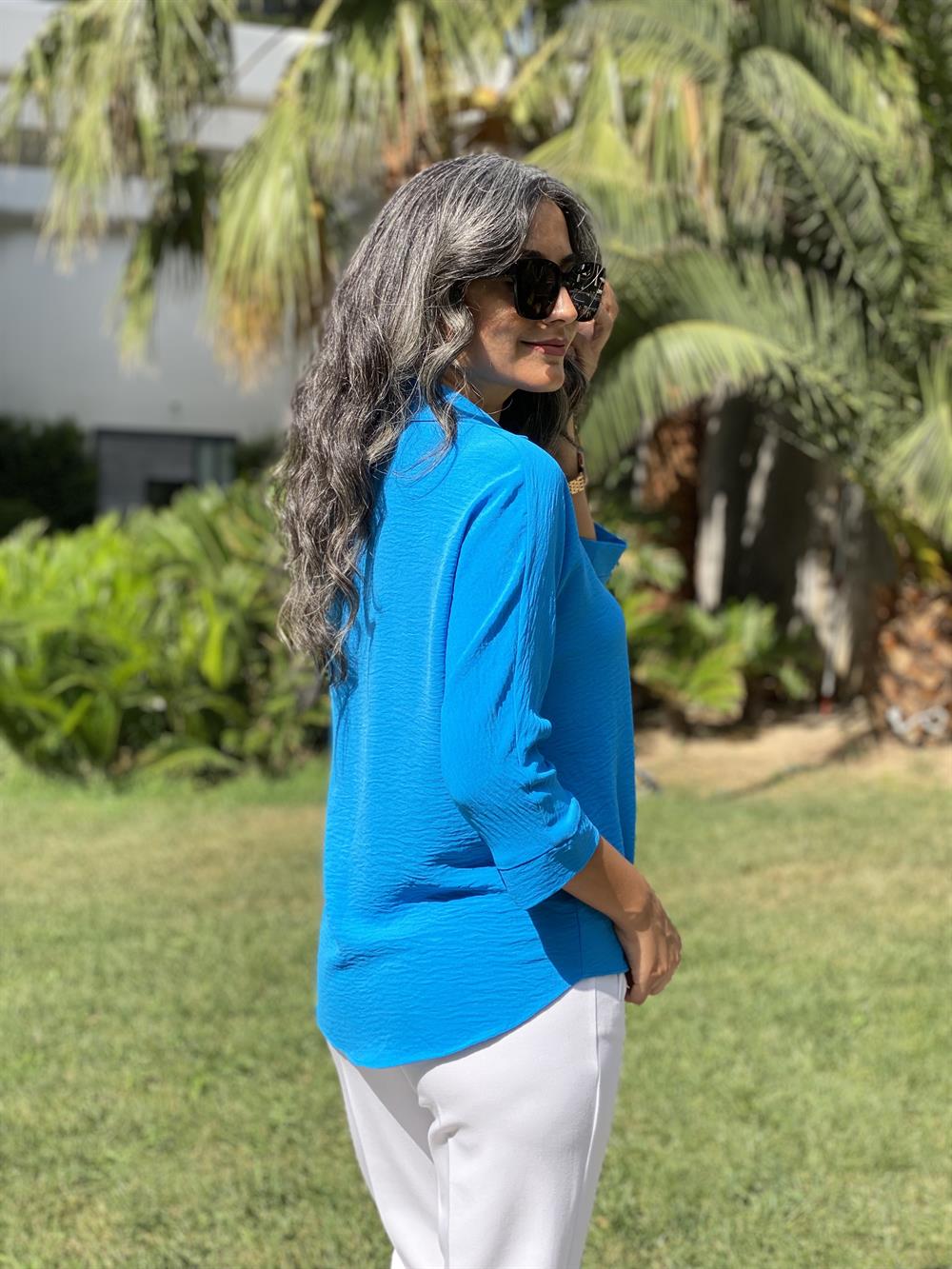 Mavi Gömlek Yaka Yarasa Kol Aerobin Kadın Bluz