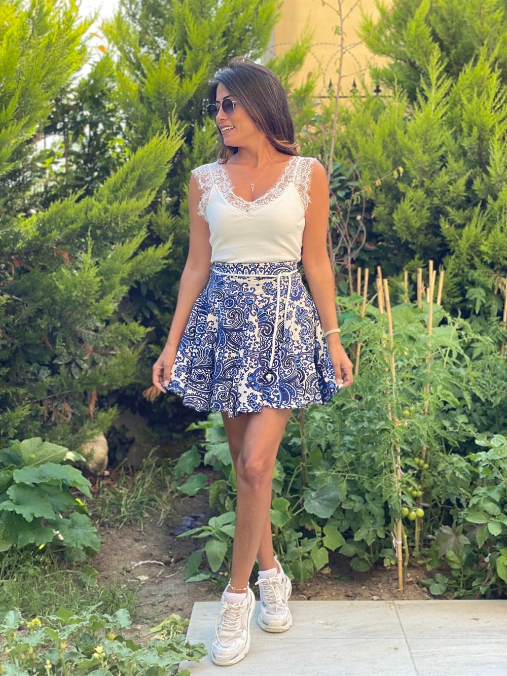 Mavi Halat  Kemerli  Şal Desen Kadın Şortlu Etek