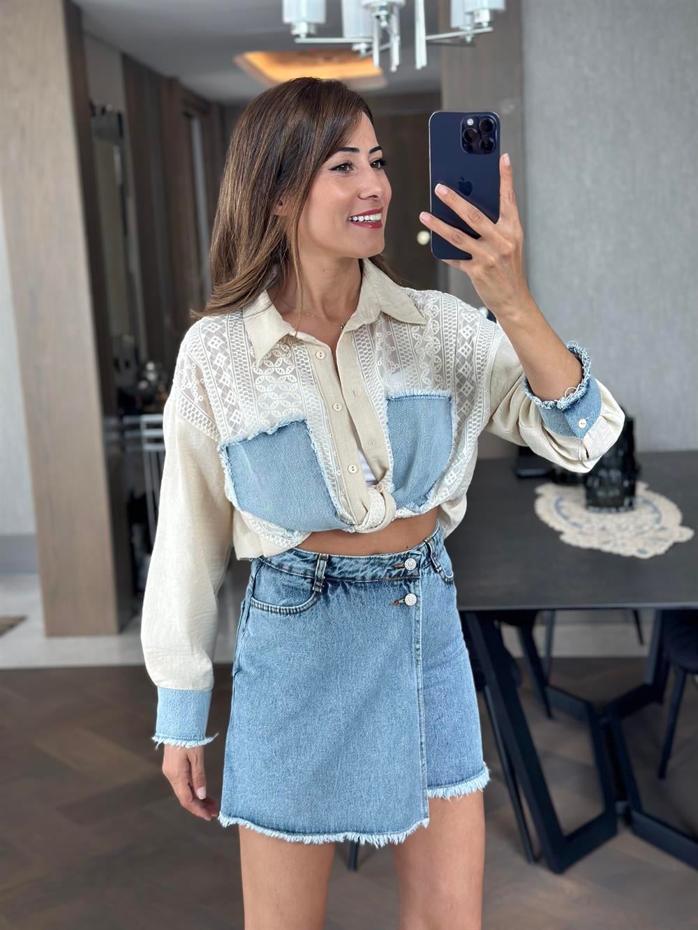 Mavi İki Düğmeli Püsküllü Mini Kadın Jean Şort Etek