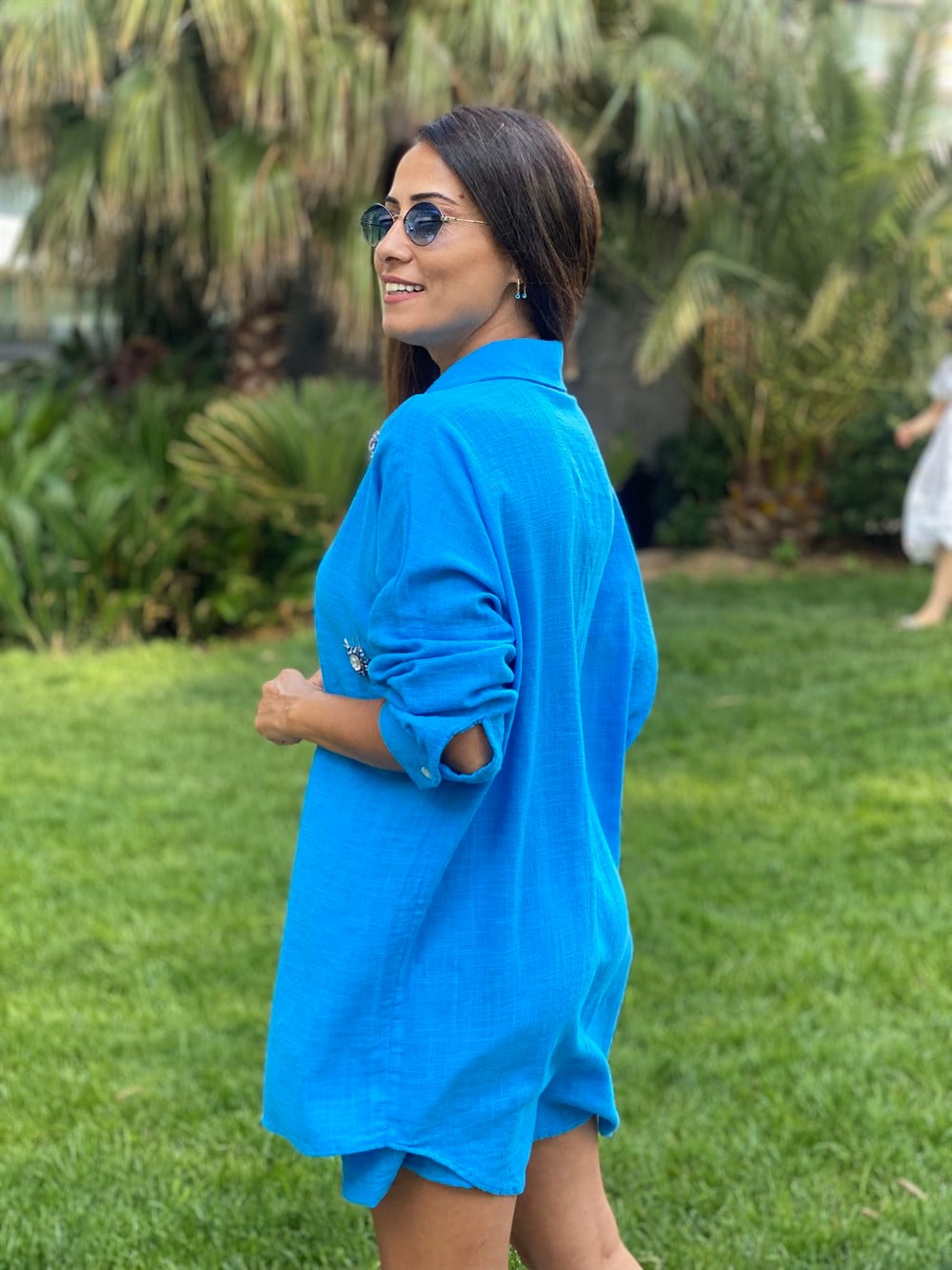 Mavi İşlemeli Oversize Kadın Gömlek