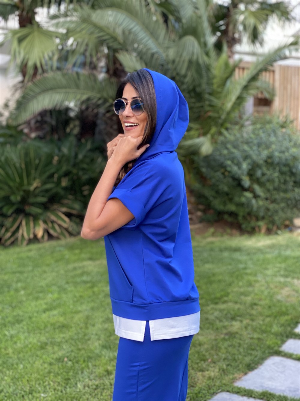 Mavi Kapüşonlu Sweatshirt Etek Kadın İkili  Takım