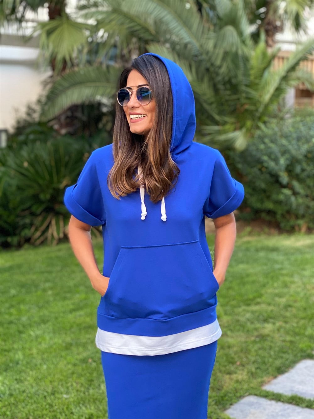 Mavi Kapüşonlu Sweatshirt Etek Kadın İkili  Takım