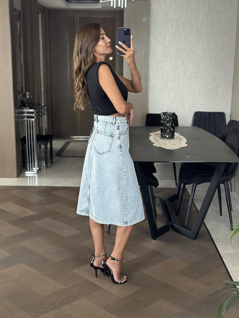 Mavi Kar Yıkama Premium Midiboy Beş Düğmeli Kadın Kot Etek