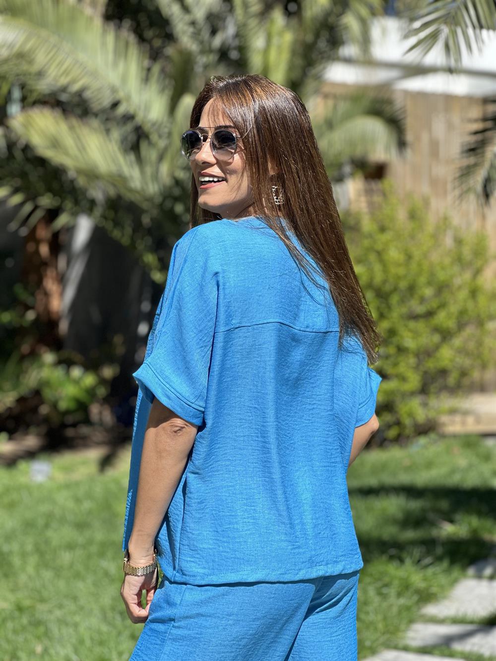 Mavi Kısa Kol Yaka V Detay Aerobin Kadın İkili Takım