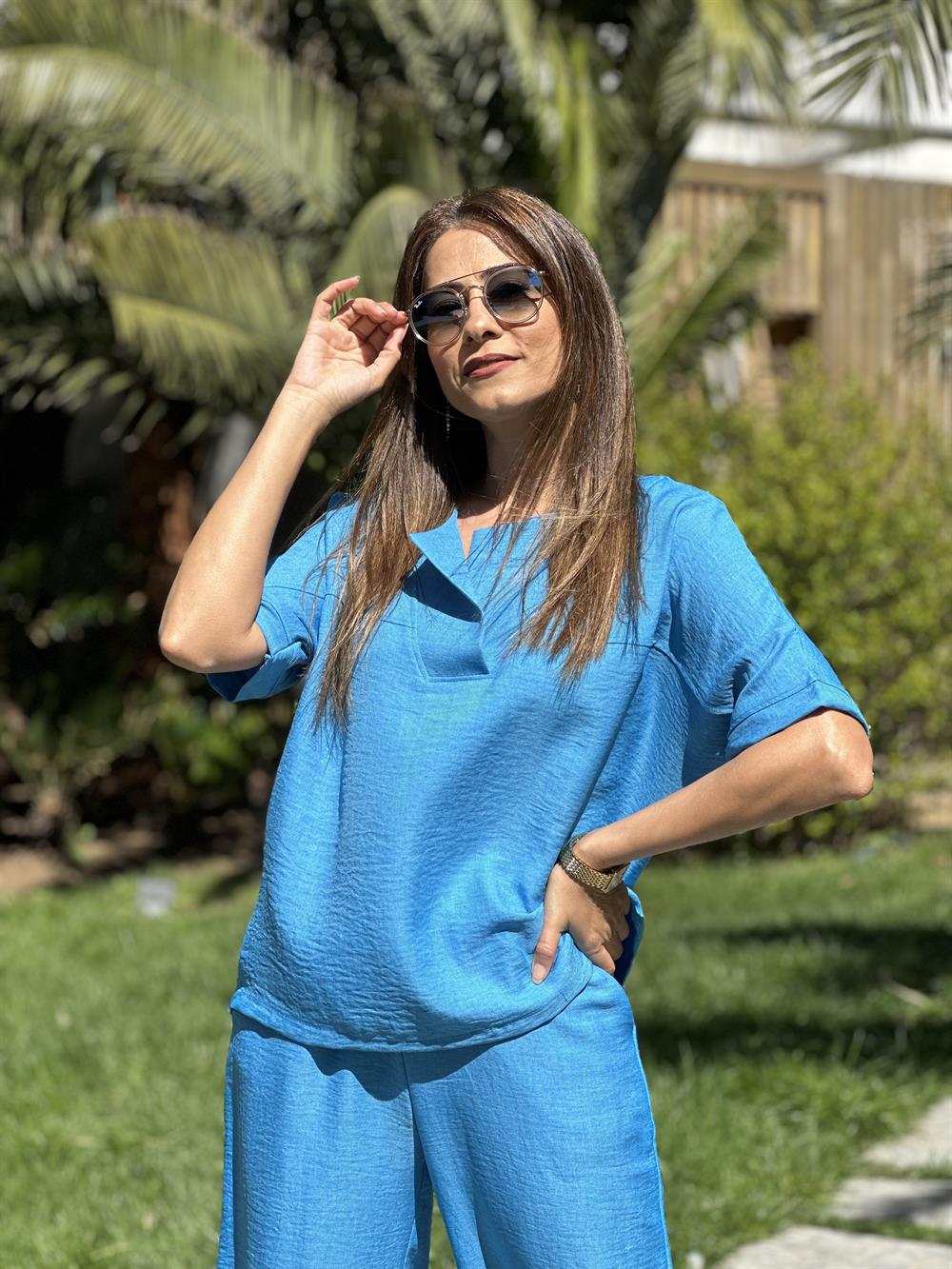 Mavi Kısa Kol Yaka V Detay Aerobin Kadın İkili Takım