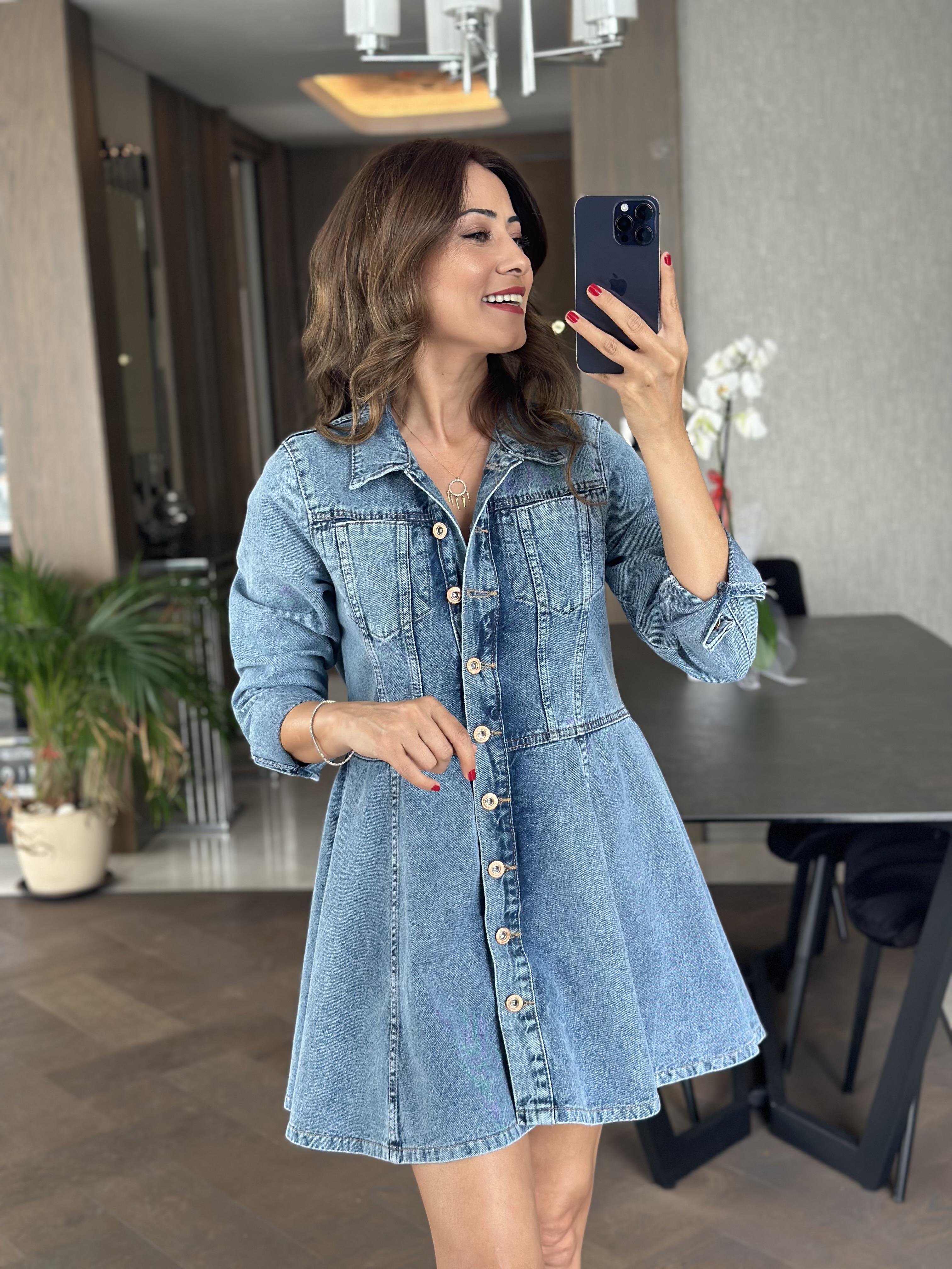 Mavi Önü İki Cepli Düğmeli Mini Kadın Kot Elbise