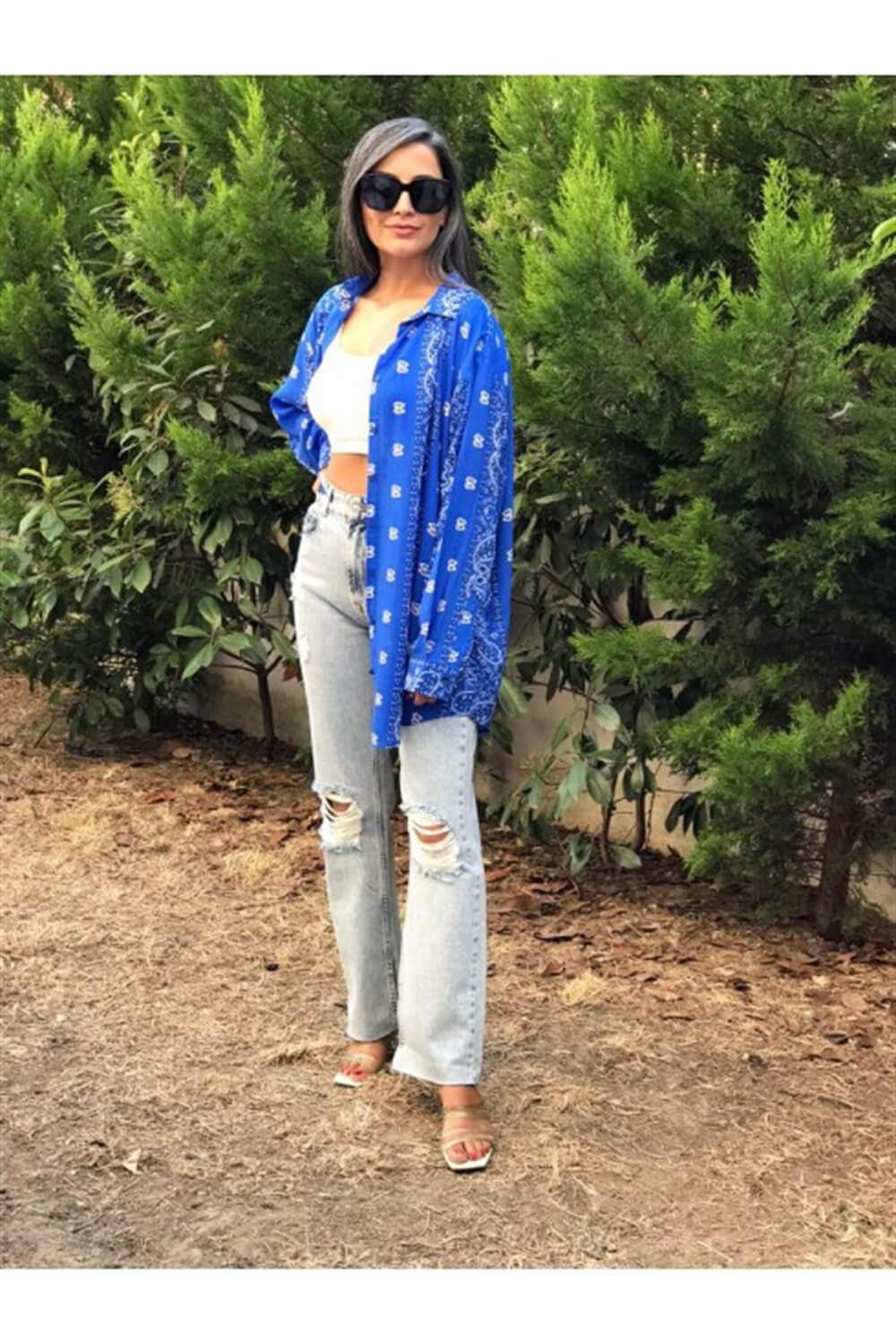 Mavi Şal Desen Oversize Gömlek