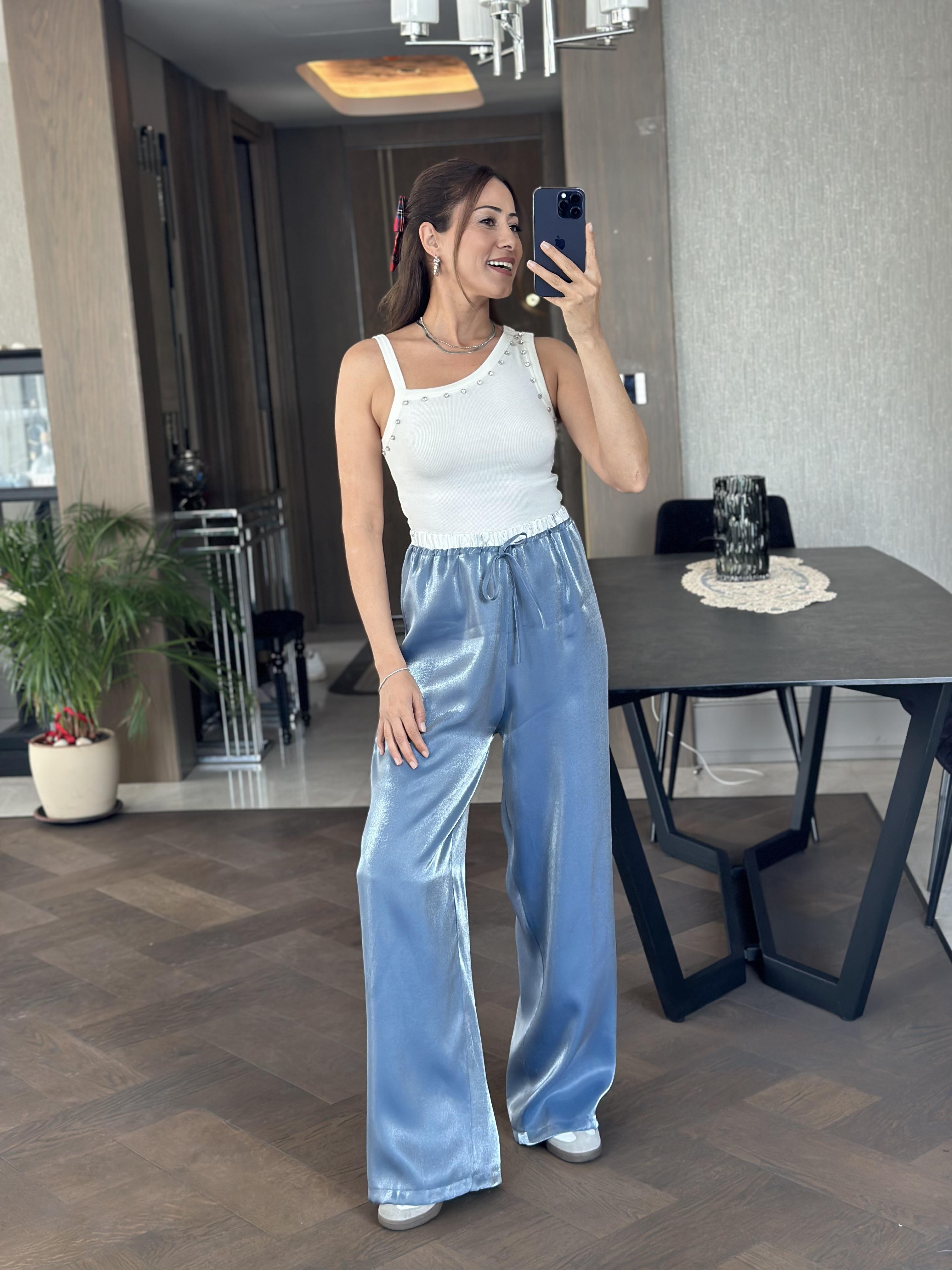 Mavi Saten Beli Varaklı Bağcıklı Kadın Pantolon