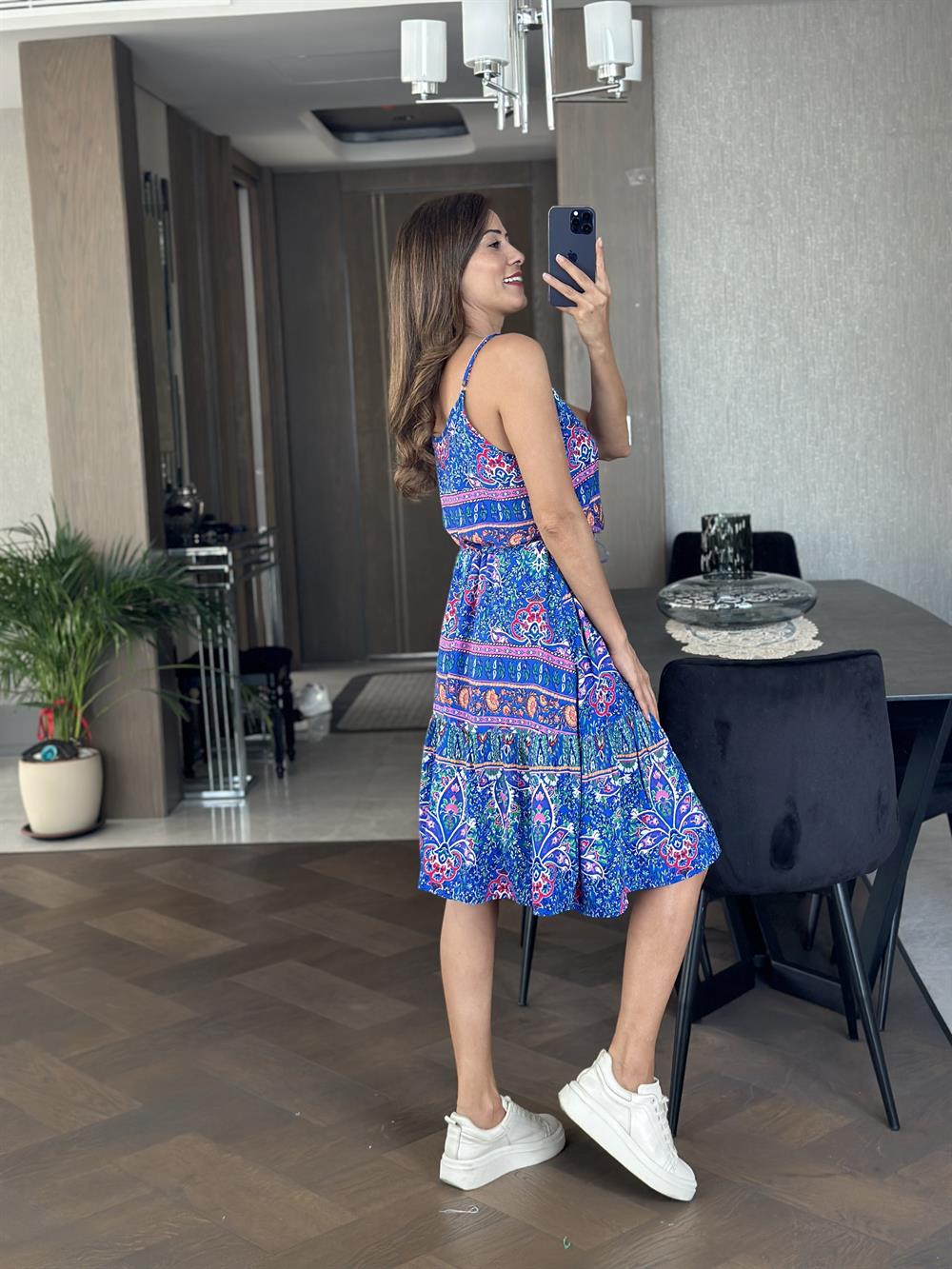 Mavi Sulu Desen İp Askılı Önü Düğmeli Viskon Kadın Elbise