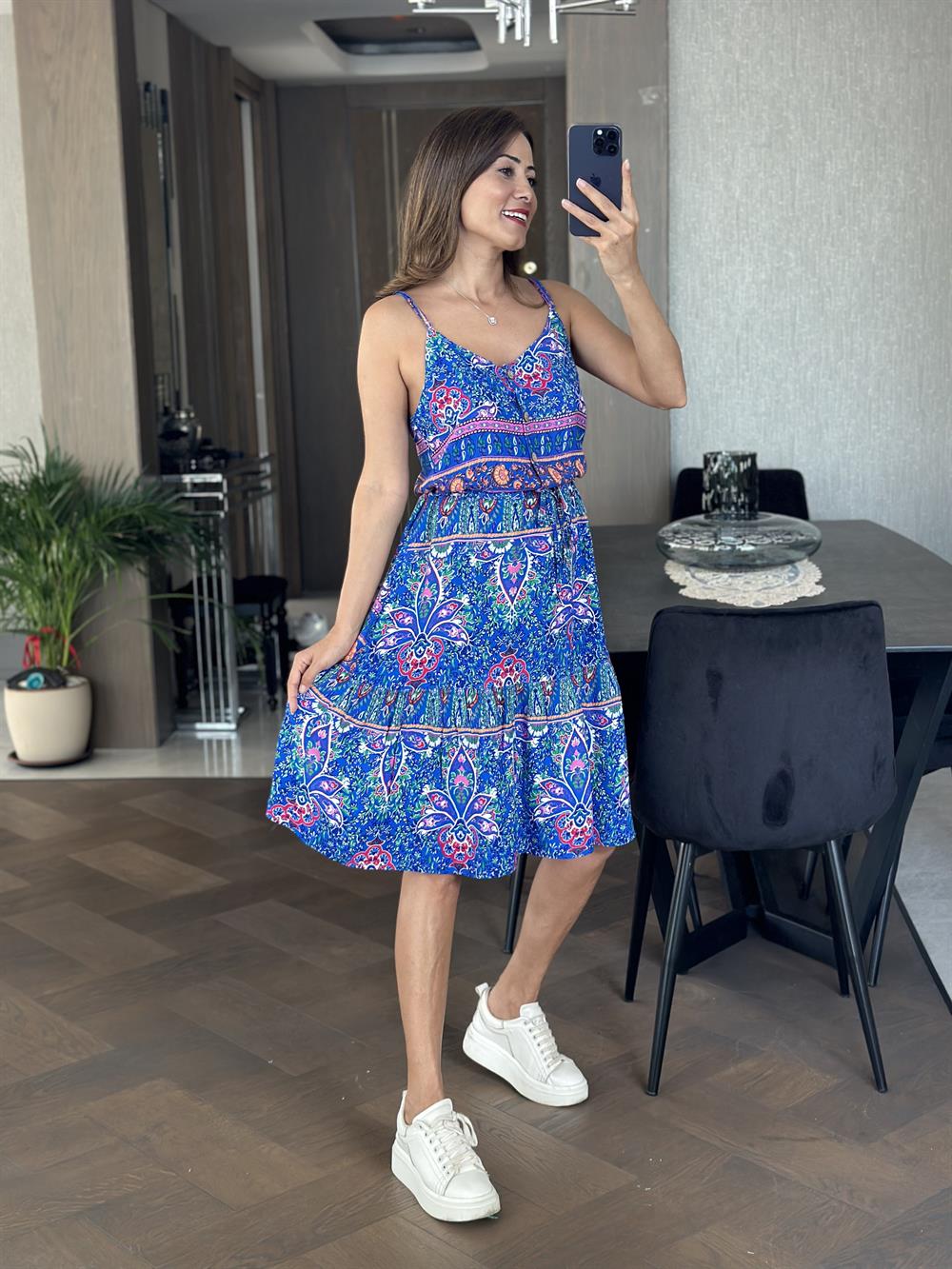 Mavi Sulu Desen İp Askılı Önü Düğmeli Viskon Kadın Elbise