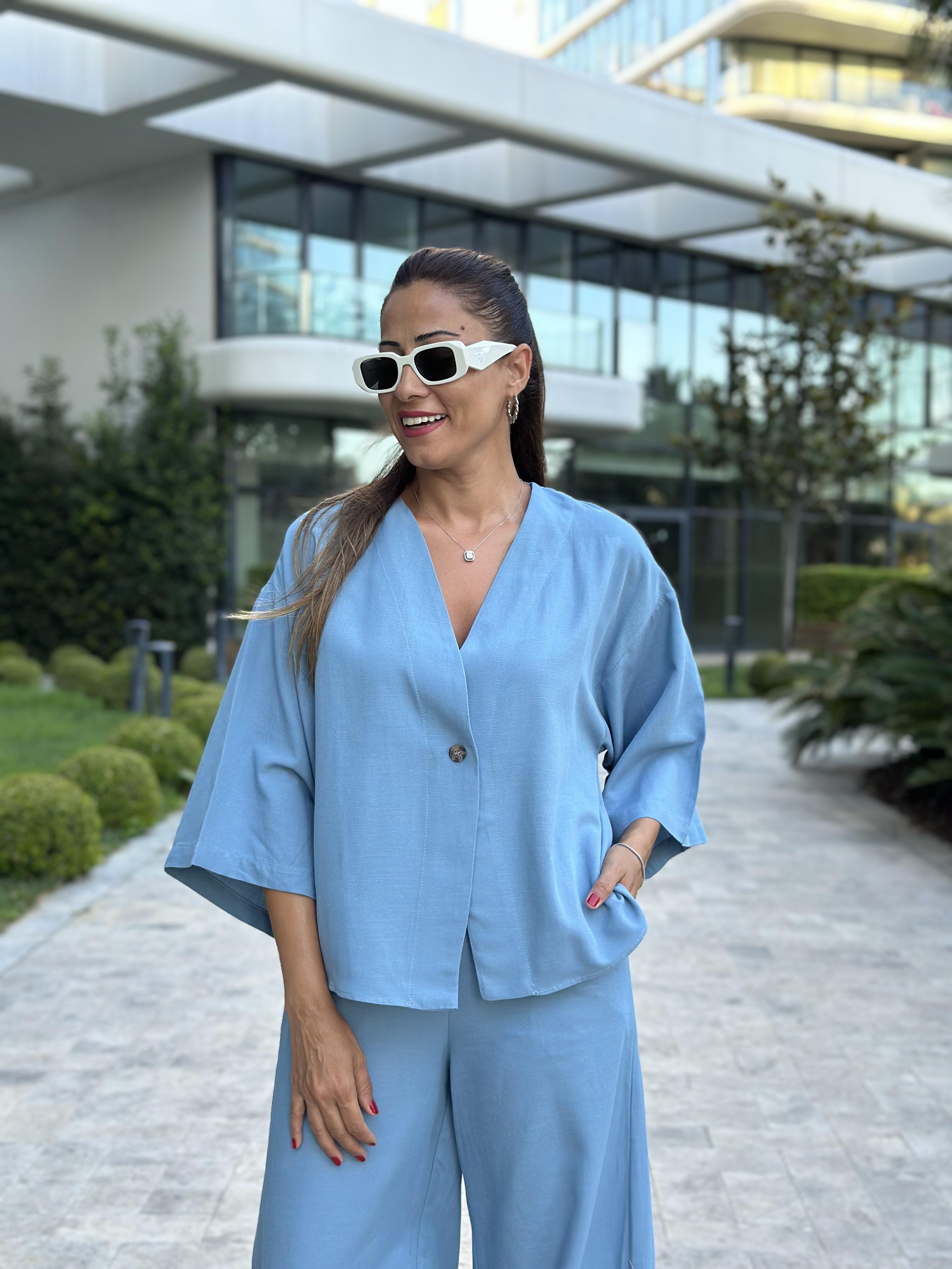 Mavi Tek Düğmeli Kimono Pantolon Keten Kadın Alt Üst Takım