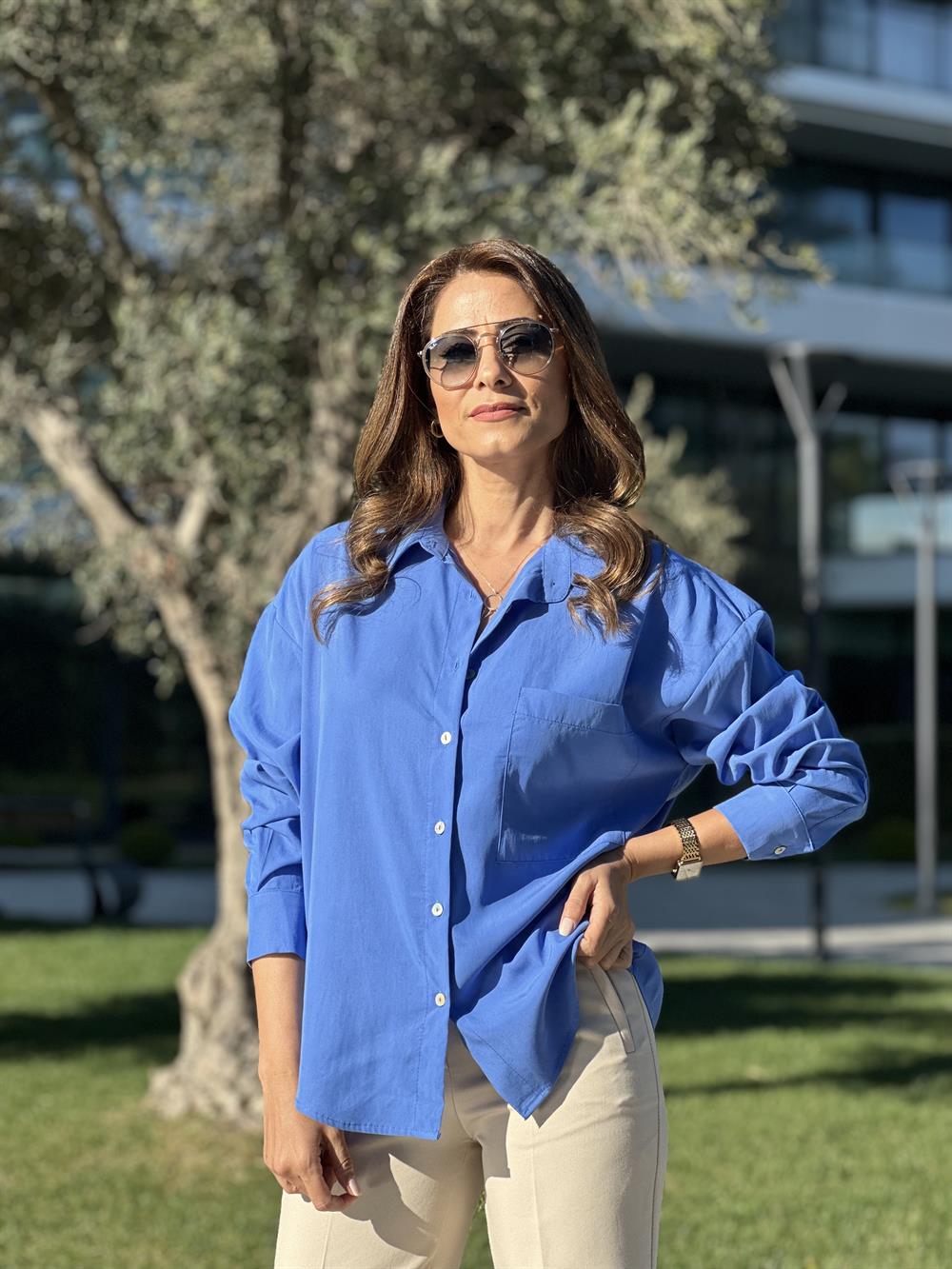 Mavi Tensel Kadın Gömlek