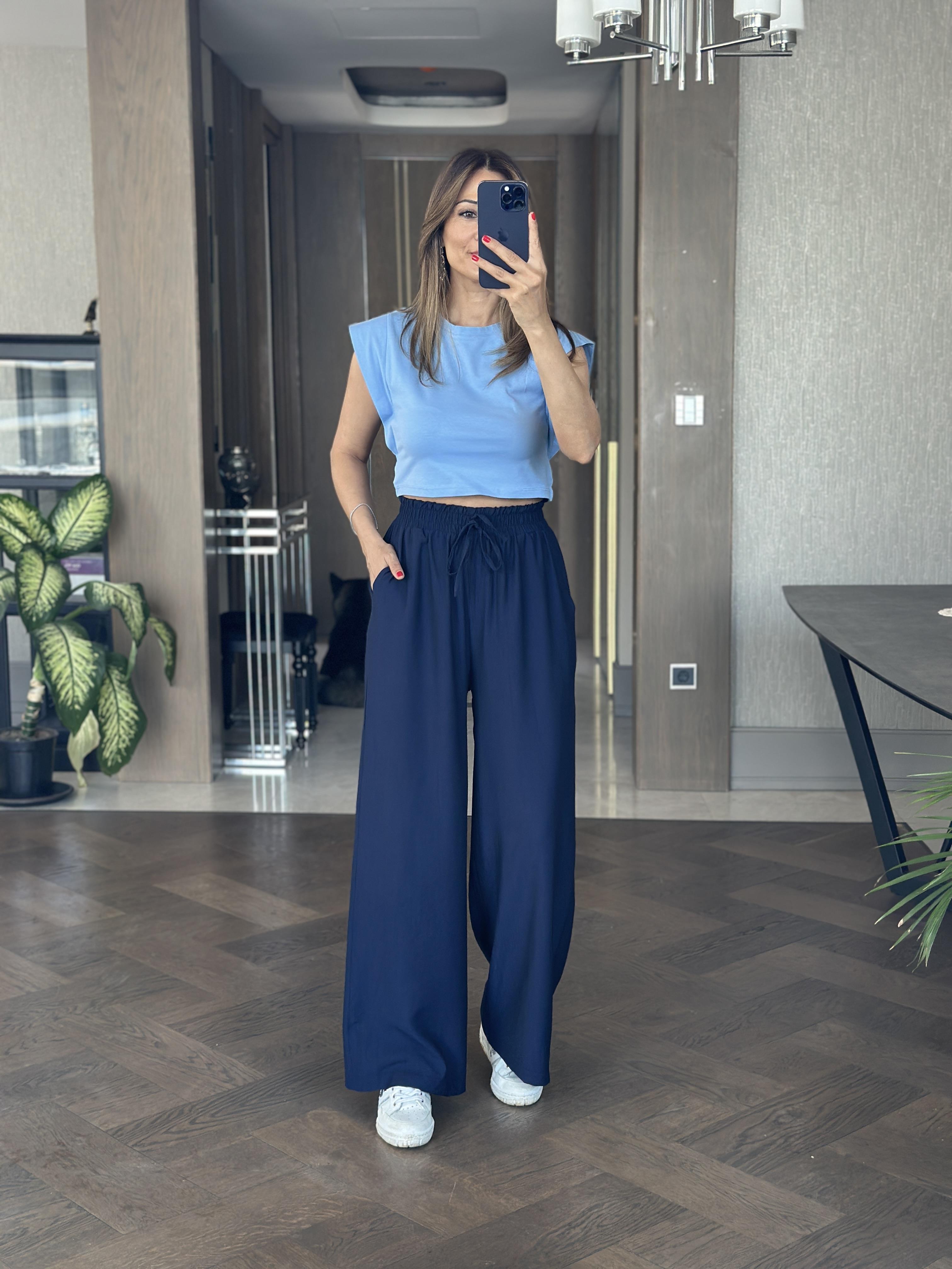 Mavi Vatka Görünümlü Sıfır Kol Kadın Crop Body