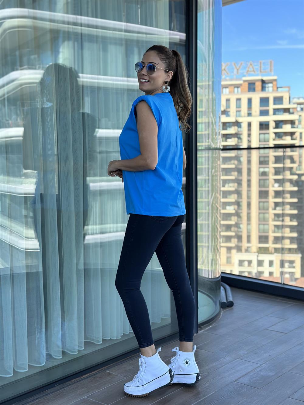 Mavi Vatkalı Basic Kadın T-Shirt