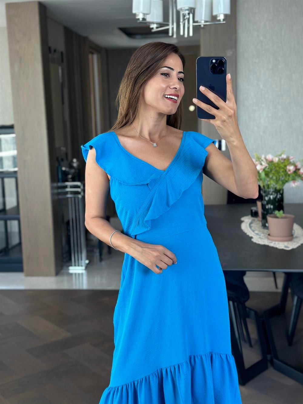 Mavi Yaka Volanlı Aerobin Kadın Elbise