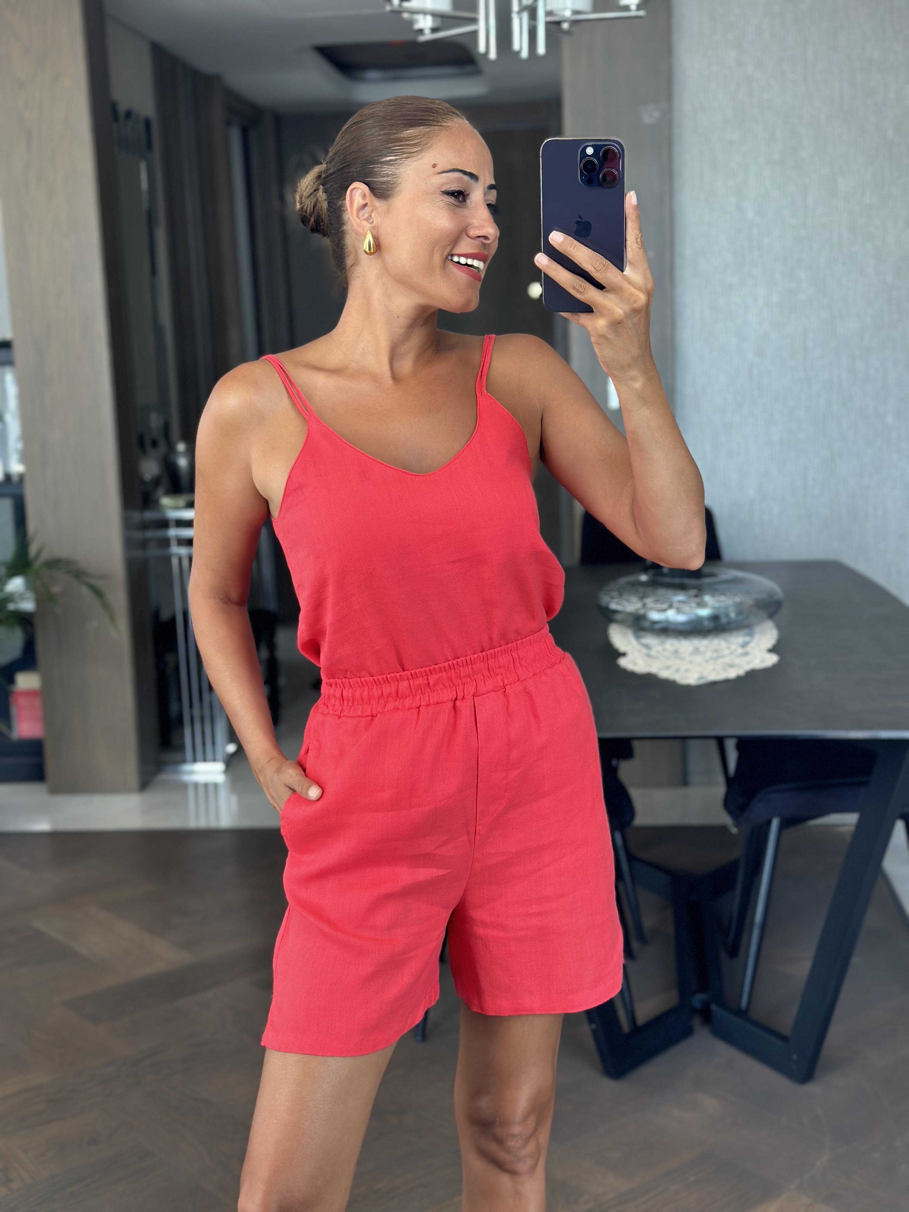 Mercan Keten Çift Askılı Bluz Şort Kadın Alt Üst Takım