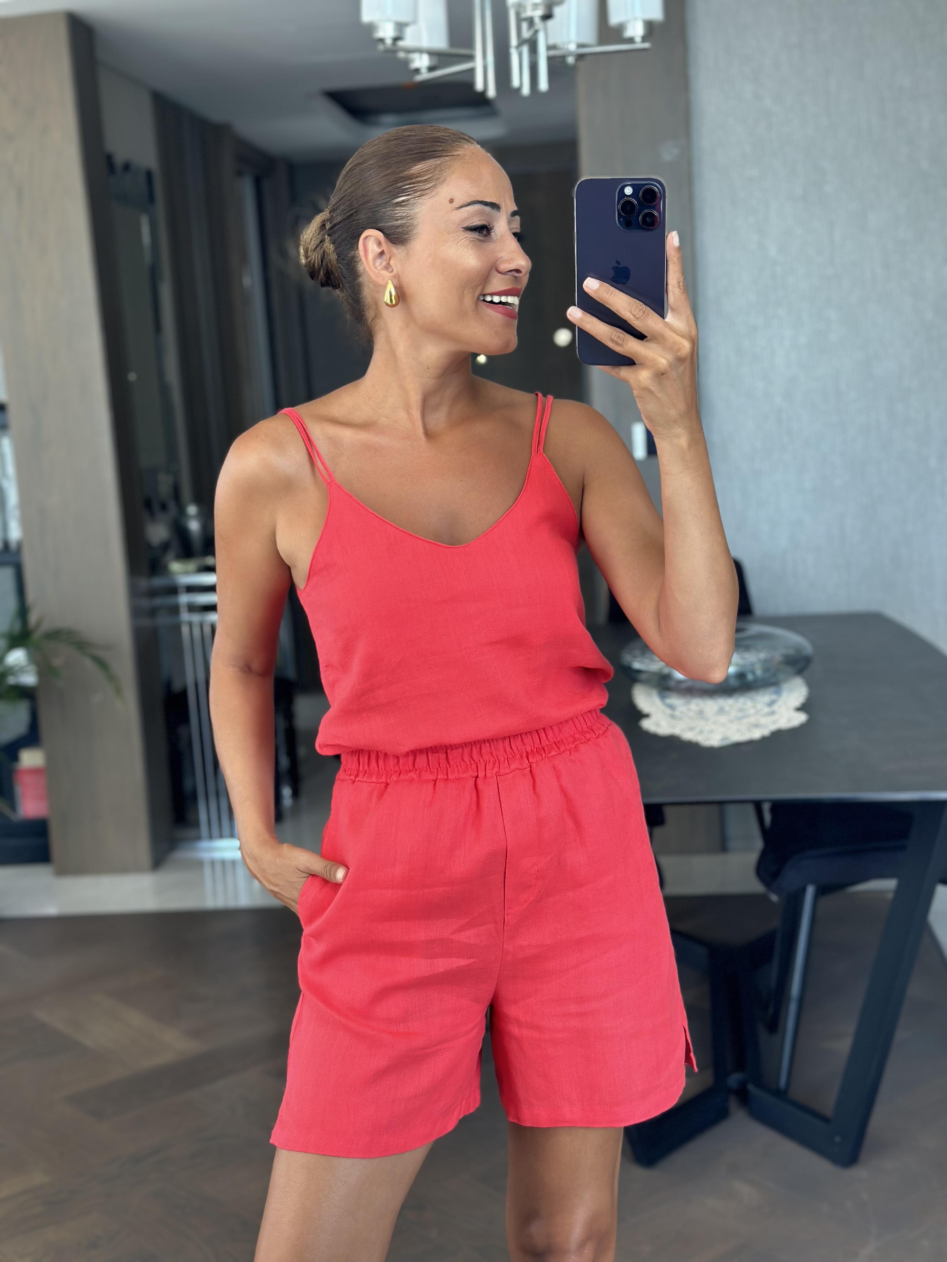 Mercan Keten Çift Askılı Bluz Şort Kadın Alt Üst Takım