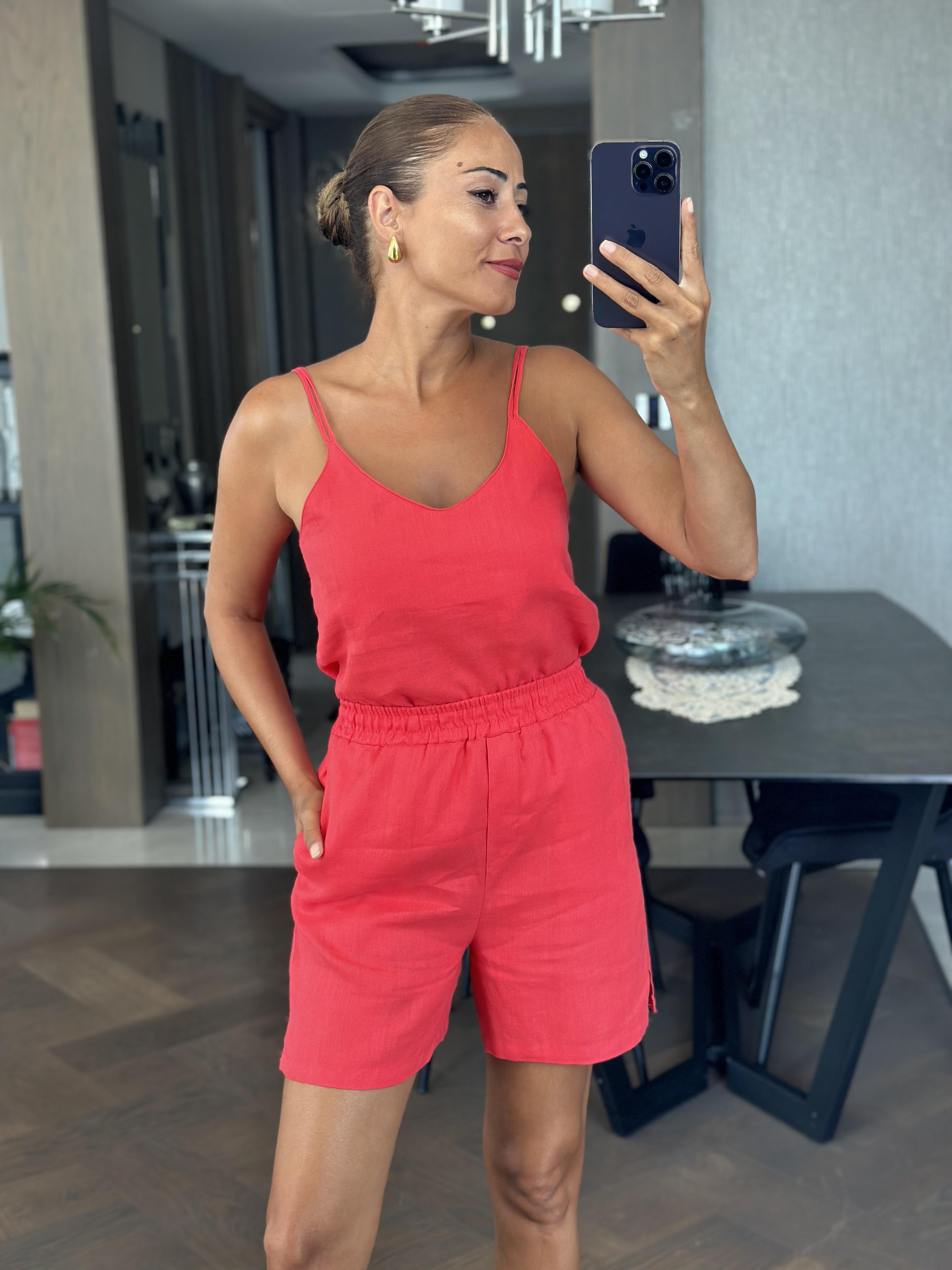 Mercan Keten Çift Askılı Bluz Şort Kadın Alt Üst Takım