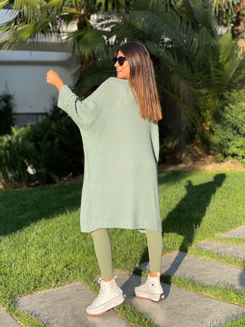 Mint Yeşili Yarasa Kol Cepli Hırka