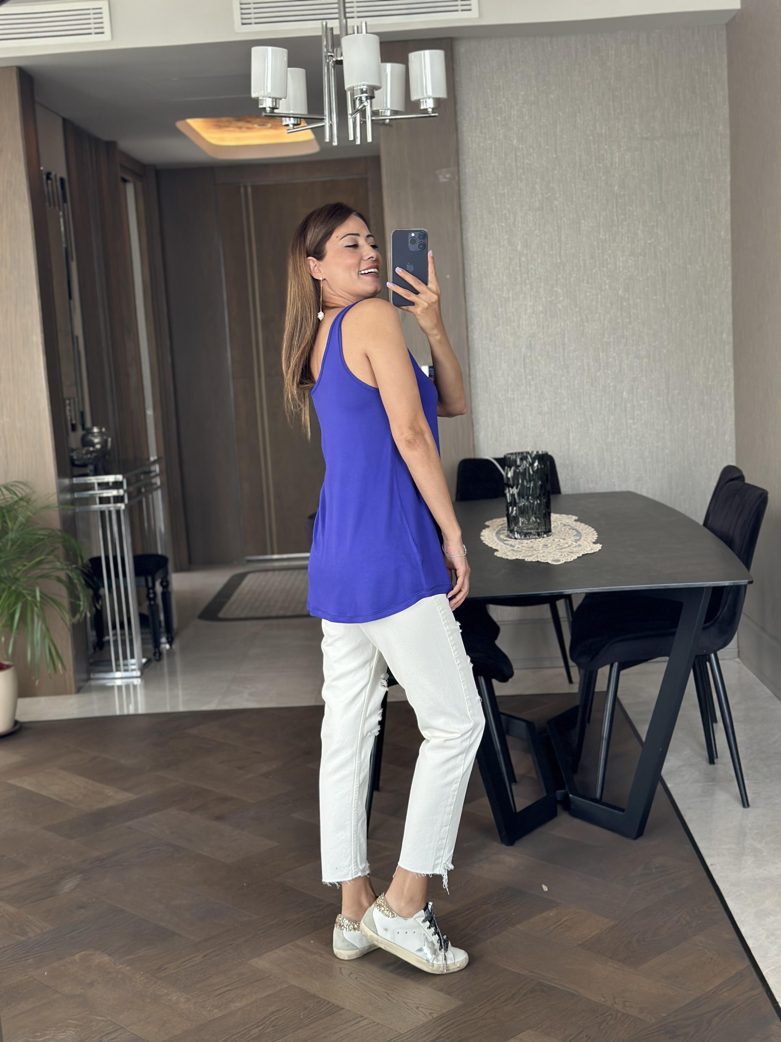 Mor Askılı Eteği Oval Oversize Kadın Bluz