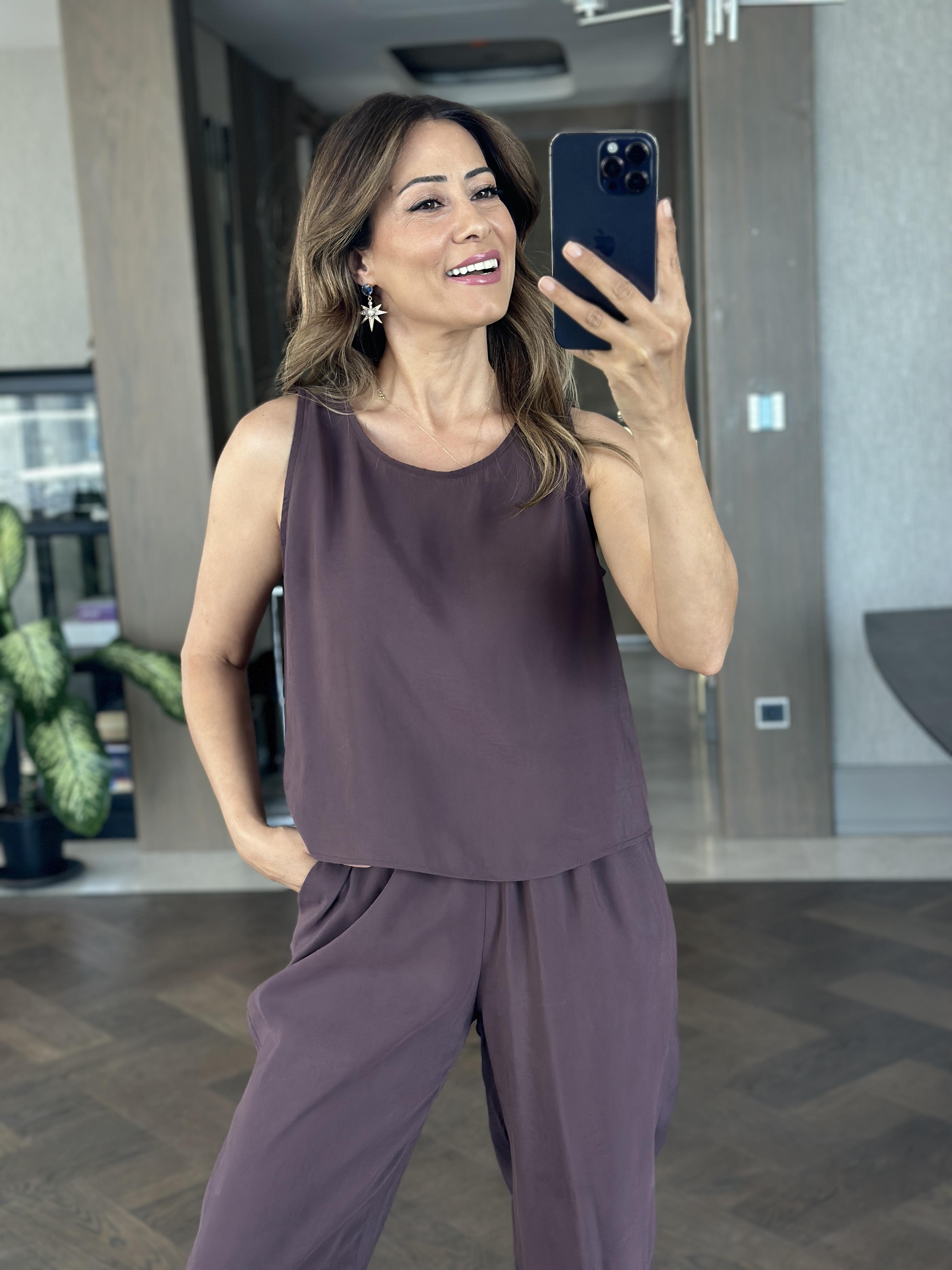 Mor Bisiklet Yaka Sıfır Kol Bluz Pantolon Tnsl Alt Üst Takım