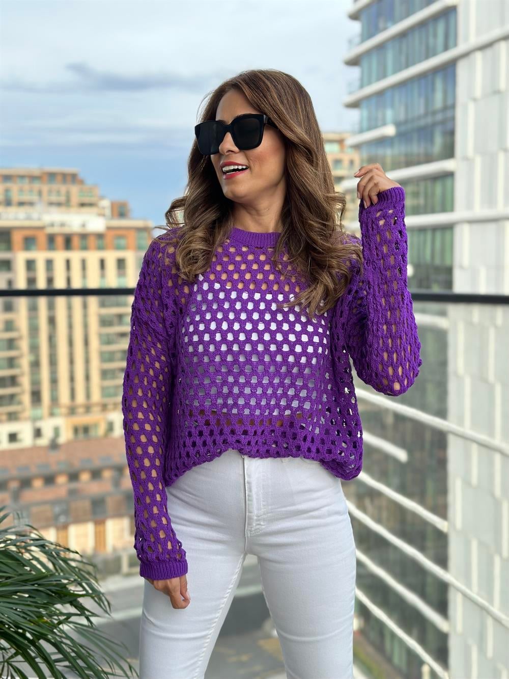 Mor Dekolte Örgülü Kadın Triko Kazak