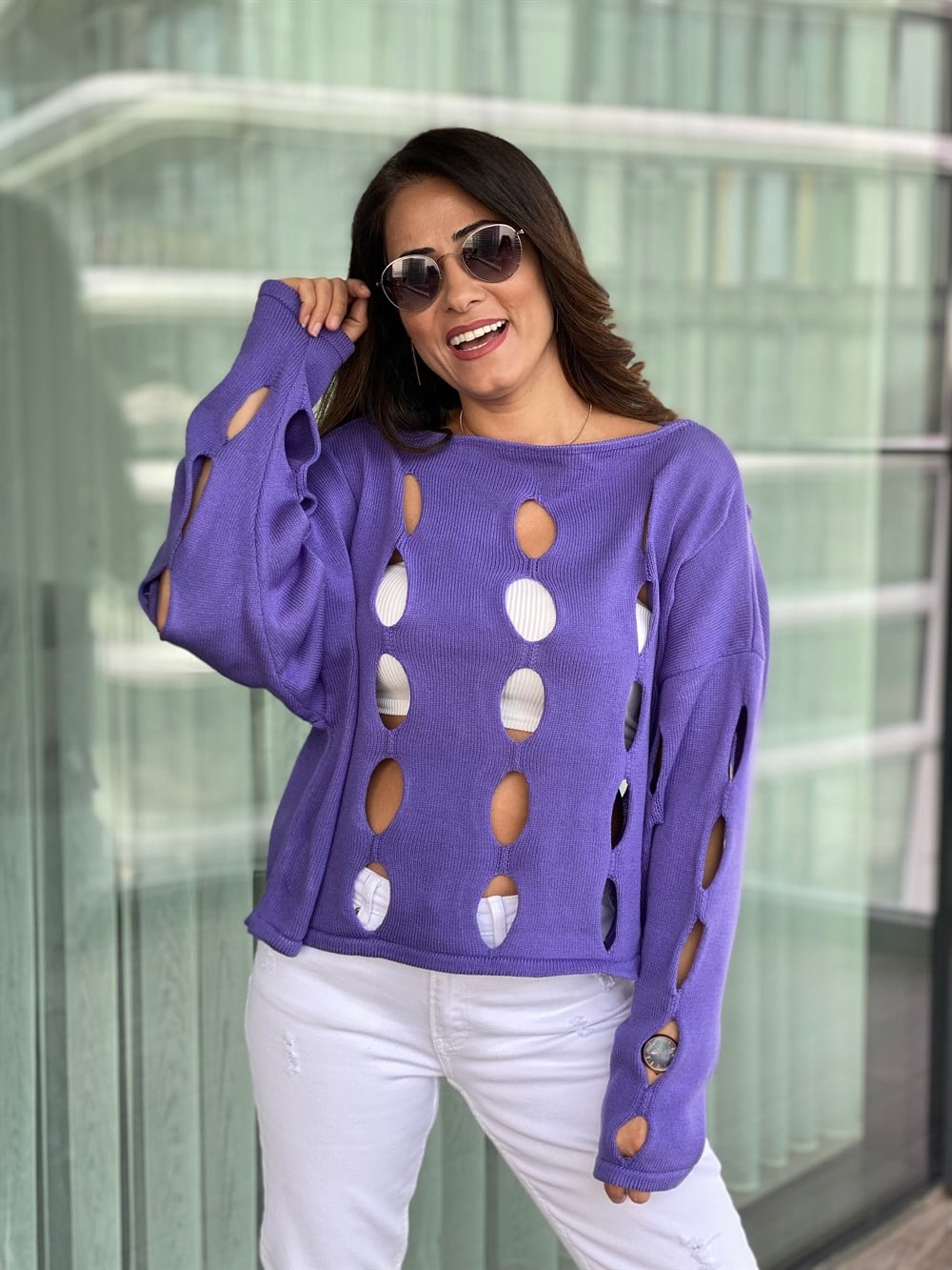 Mor Dekolteli Triko Bluz