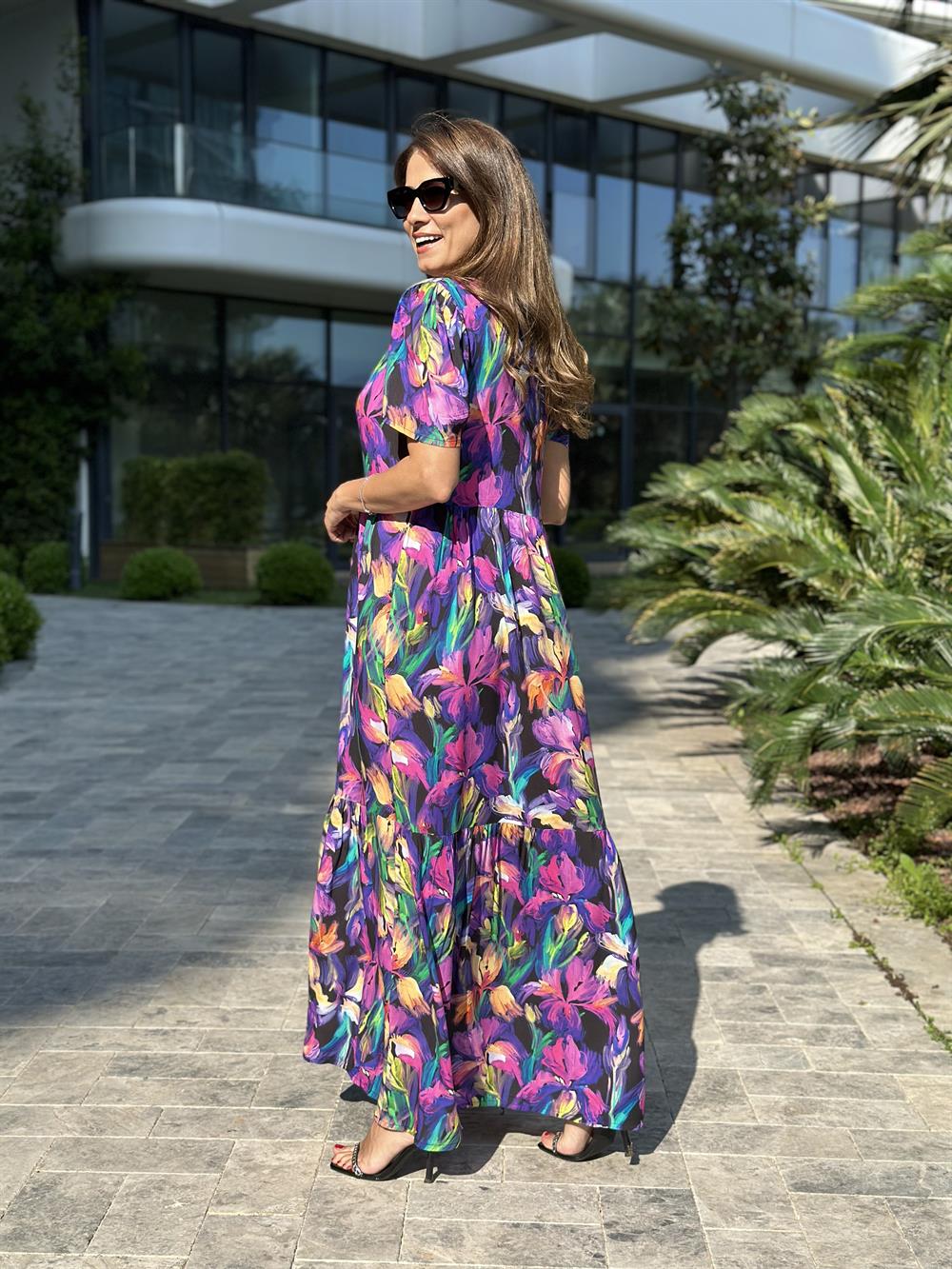 Mor Desenli V Yaka Brit Düğmeli Maksi Kadın Elbise