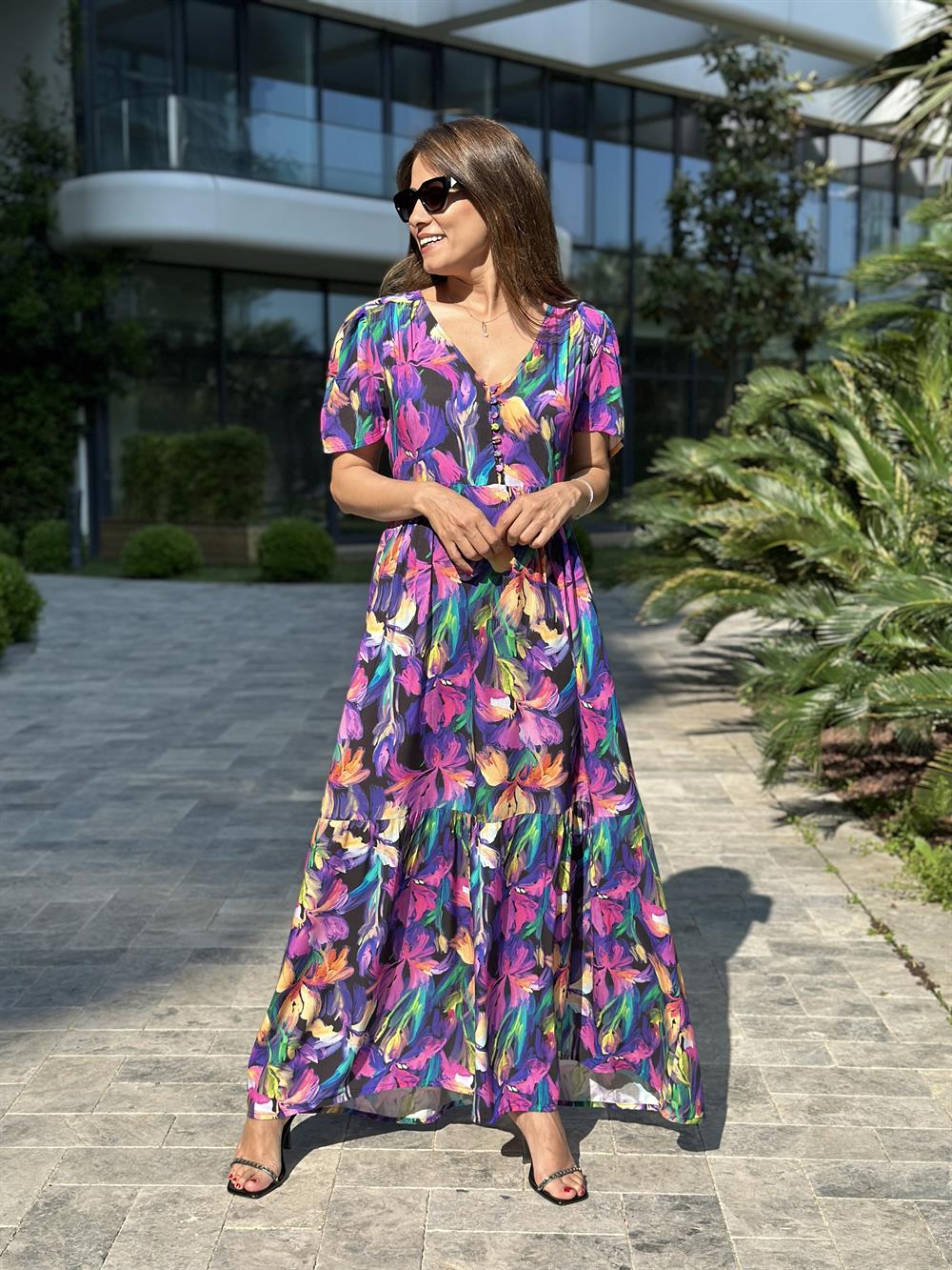 Mor Desenli V Yaka Brit Düğmeli Maksi Kadın Elbise