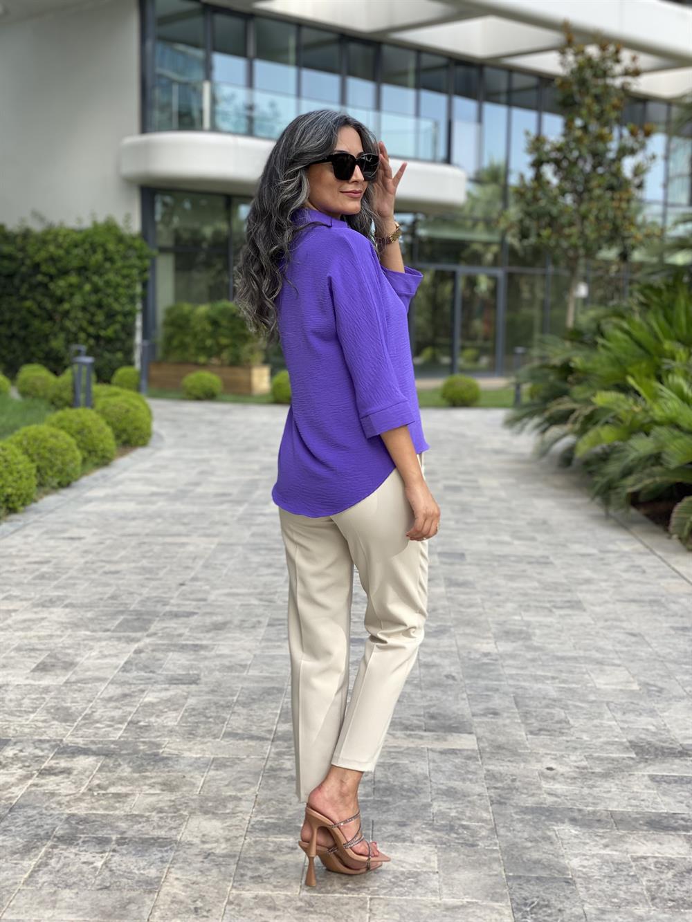 Mor Gömlek Yaka Yarasa Kol Aerobin Kadın Bluz