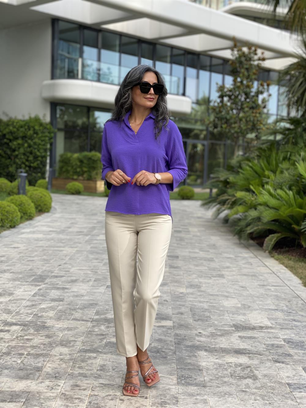 Mor Gömlek Yaka Yarasa Kol Aerobin Kadın Bluz