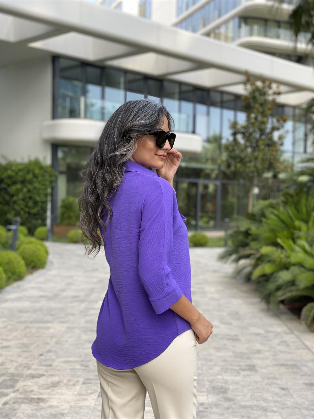 Mor Gömlek Yaka Yarasa Kol Aerobin Kadın Bluz