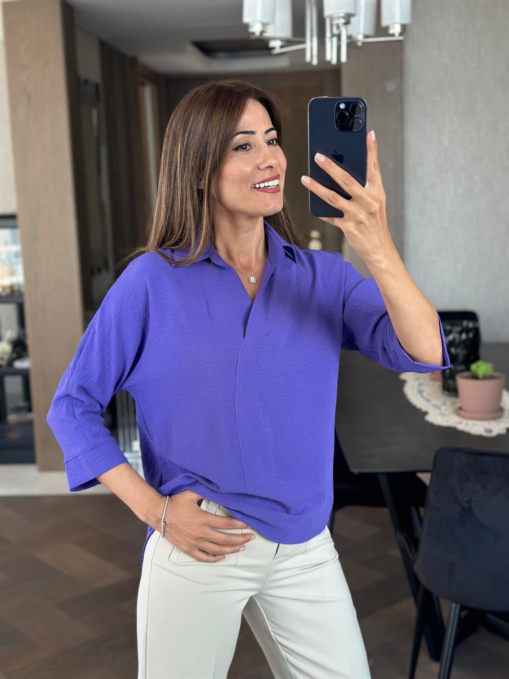 Mor Gömlek Yaka Yarasa Kol Aerobin Kadın Bluz
